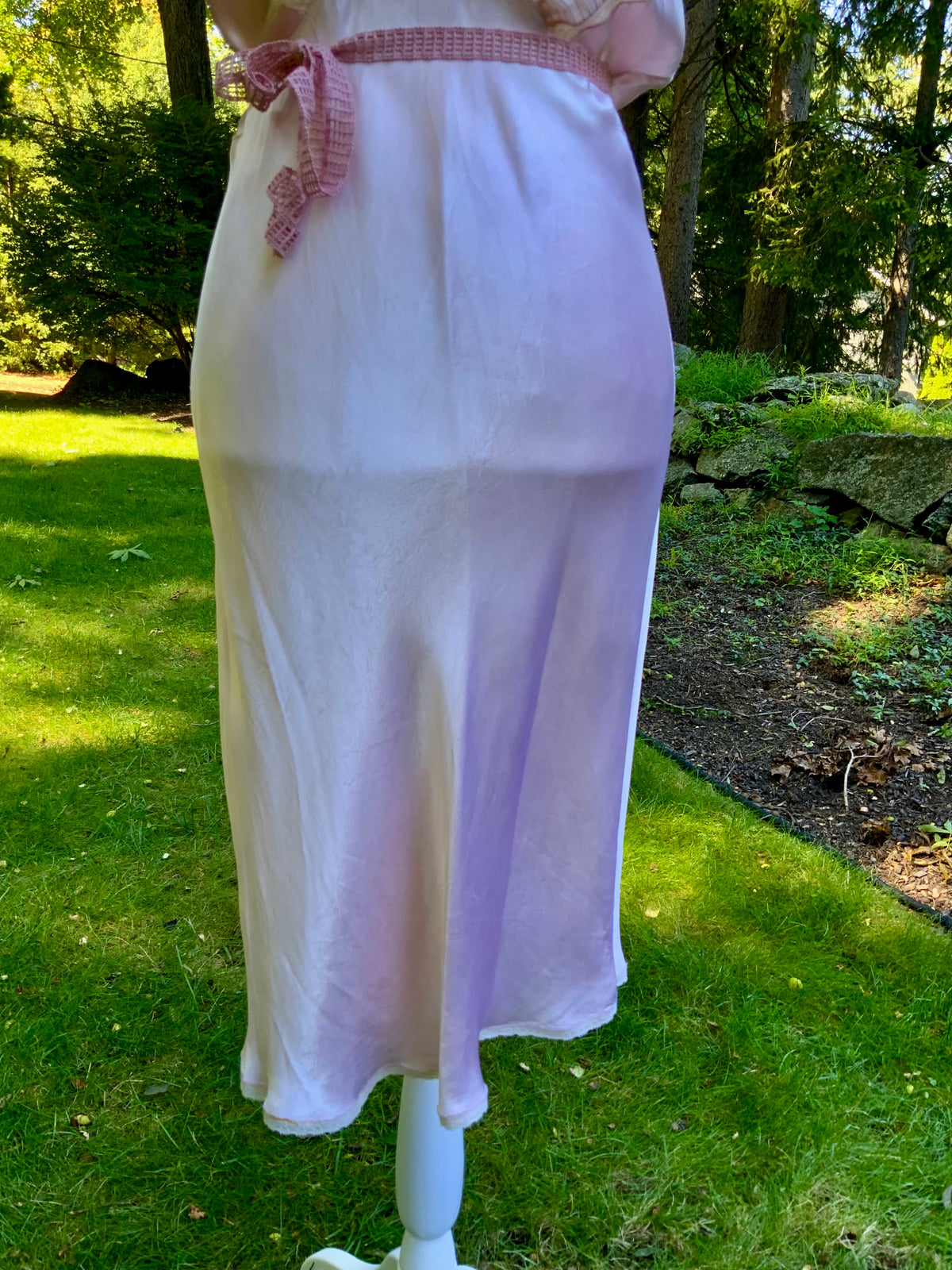 1930s Blush Pink Satin Bias Cut Slip Dress with Pleated Trim.30CN