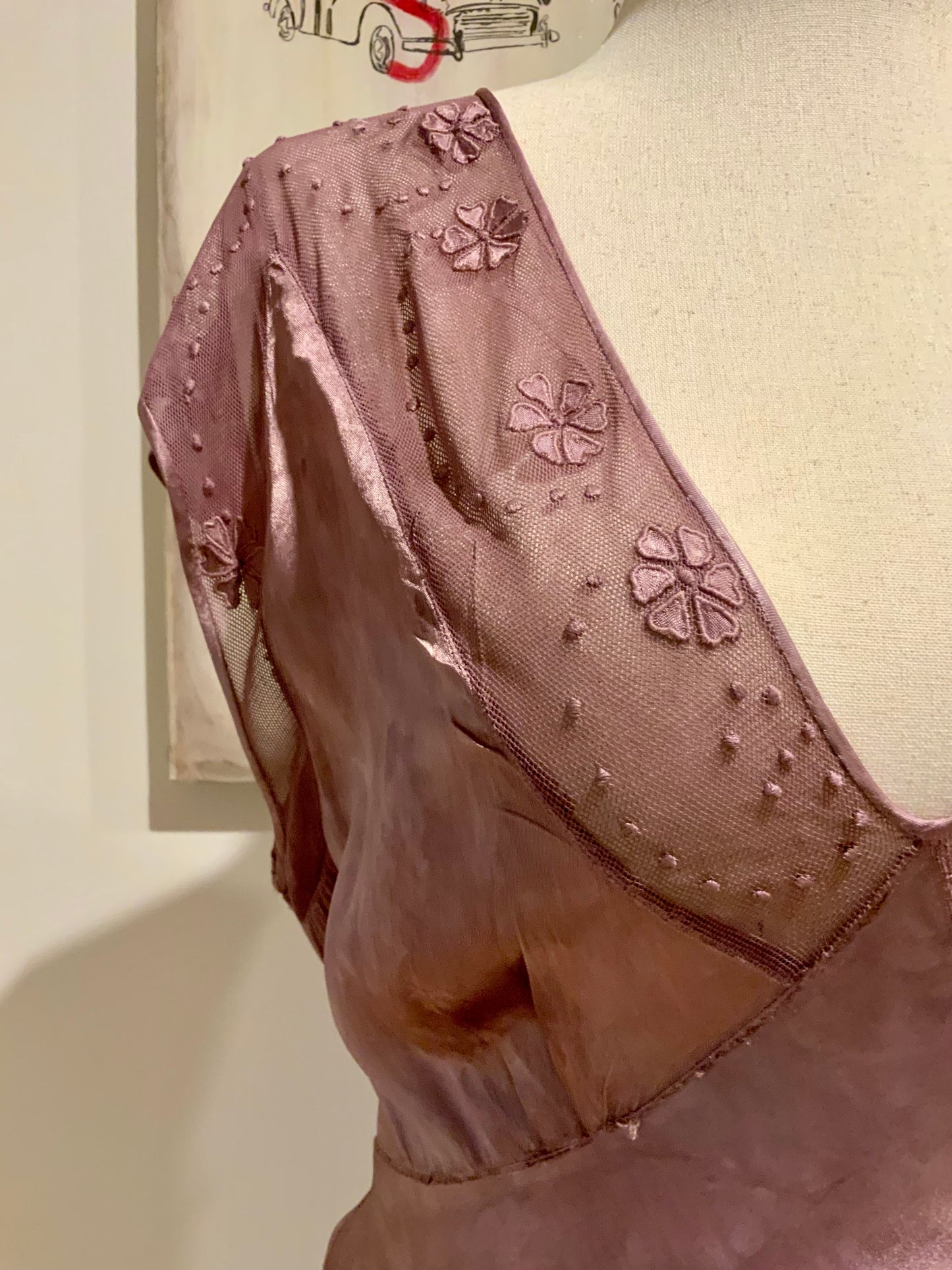 1930s Hand Dyed Mauve Bias Cut Evening Dress. Restyled Vintage Satin Gown.Embroidered Tulle.Lulu Boop Vintage-30CW