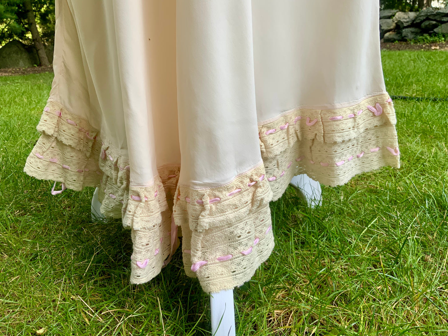 1930s Pale Peach Bias Cut Nightgown. Lace and Ribbonwork Boudoir Gown. Cap Sleeve Satin Lingerie.30CS