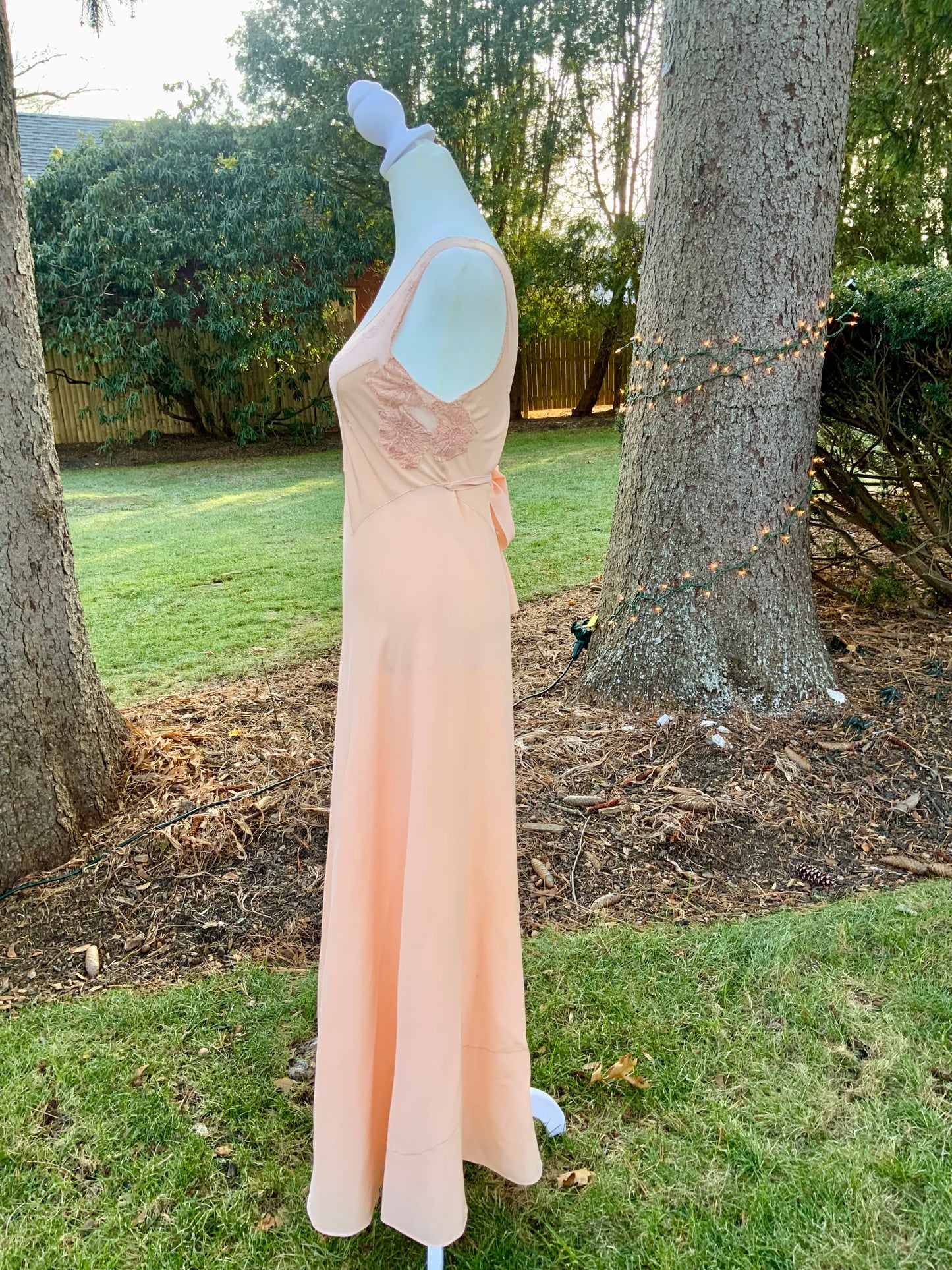 1930s Peach Rayon Nightgown with Art Deco Embroidery & Restored Lace Appliqués – Bias Cut Vintage Lingerie - 30AZ