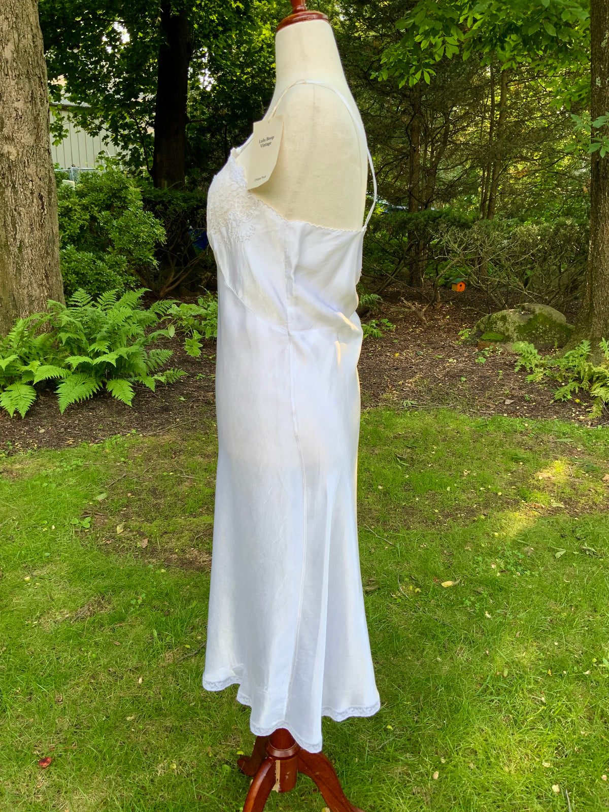 1930s White Satin Bias Cut Slip Dress with Floral Lace .40BT