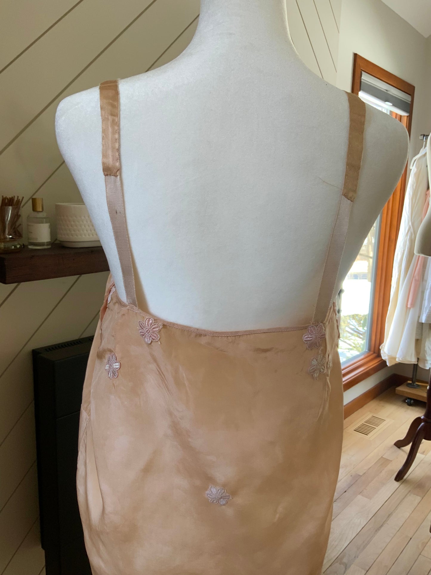 1920s–30s Tea-Dyed Silk Boudoir Teddy | Antique Peach Silk Chemise | Restored Lace Lingerie | Romantic French Style Teddy-20AM