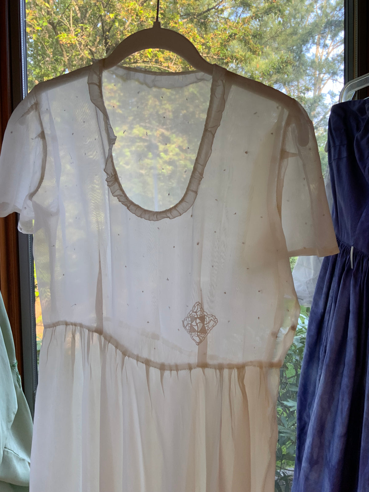Antique Ivory Chiffon Gown with Ruffled Hem and Lace Appliqué.20ARR