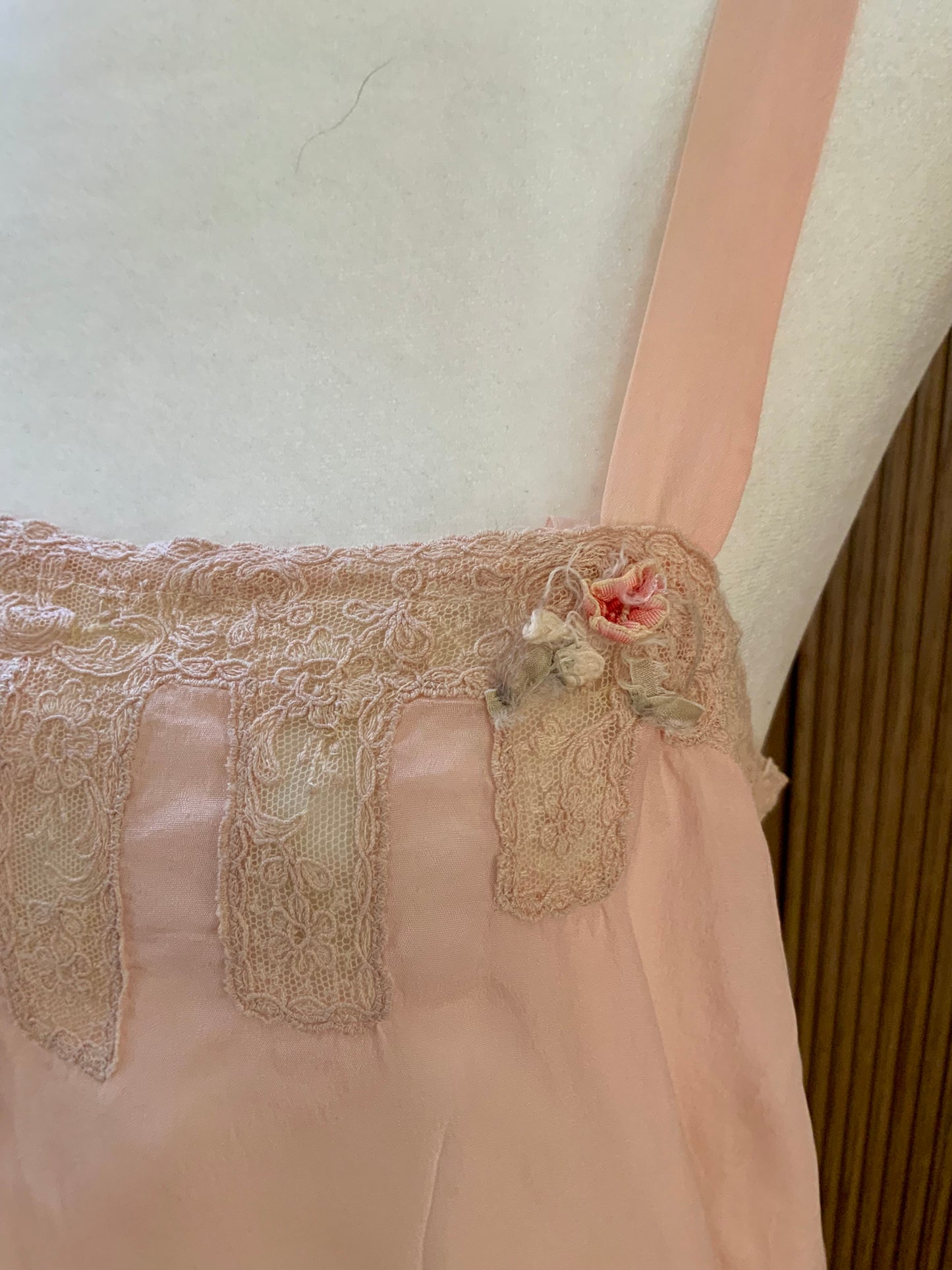1920s–30s Blush Silk Teddy (Camiknicker) — Pure Silk Boudoir One-Piece with Lace Appliqué-20AL