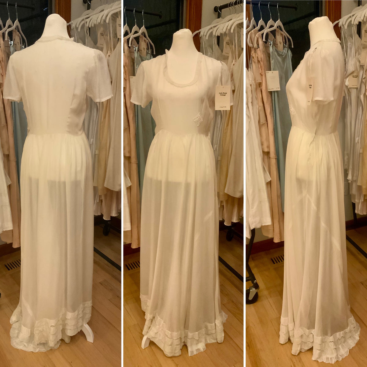 Antique Ivory Chiffon Gown with Ruffled Hem and Lace Appliqué.20ARR