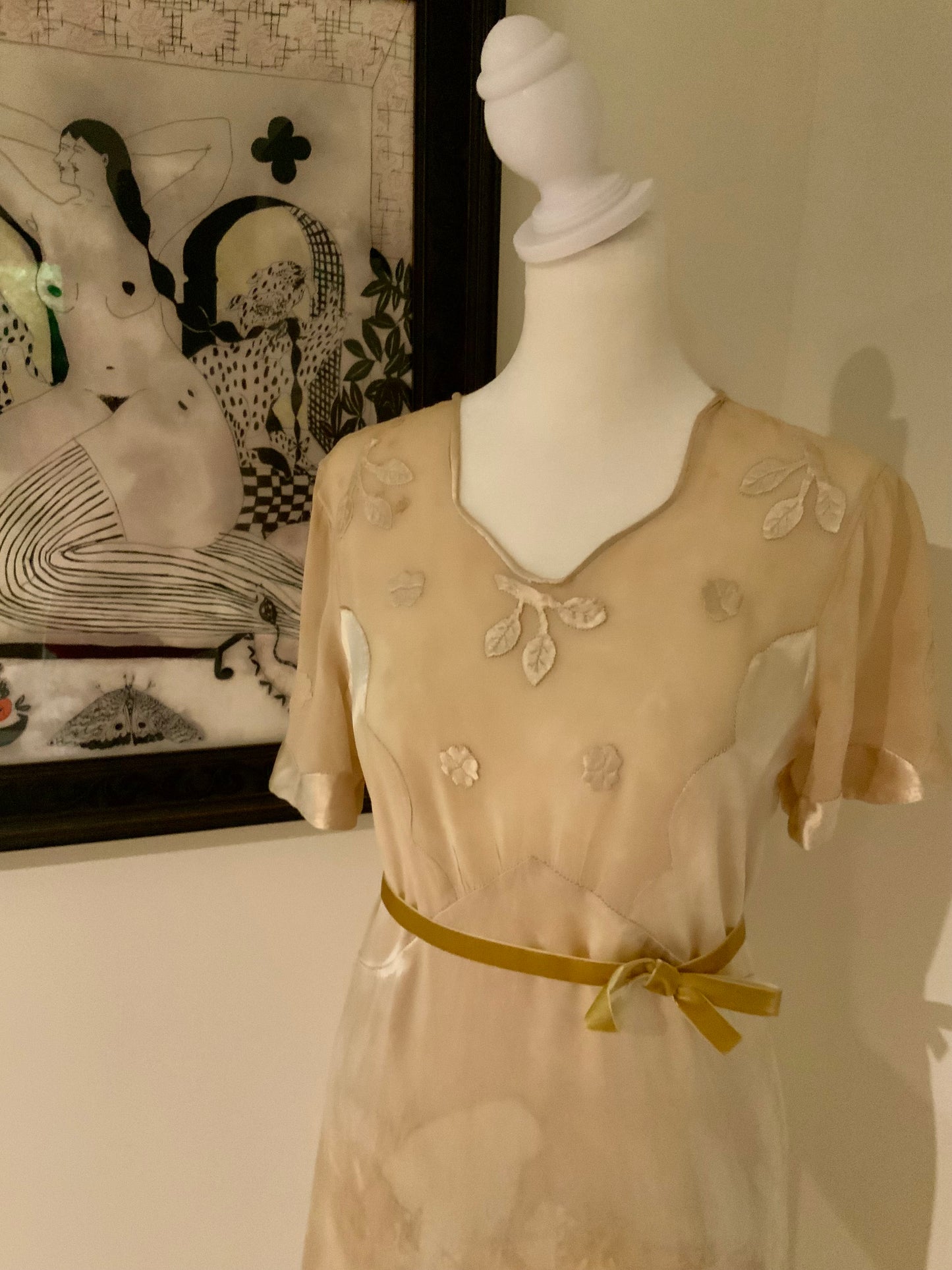 Rare 1930s Tea-Dyed Silk Hostess Gown with Original Floral Appliqué Details