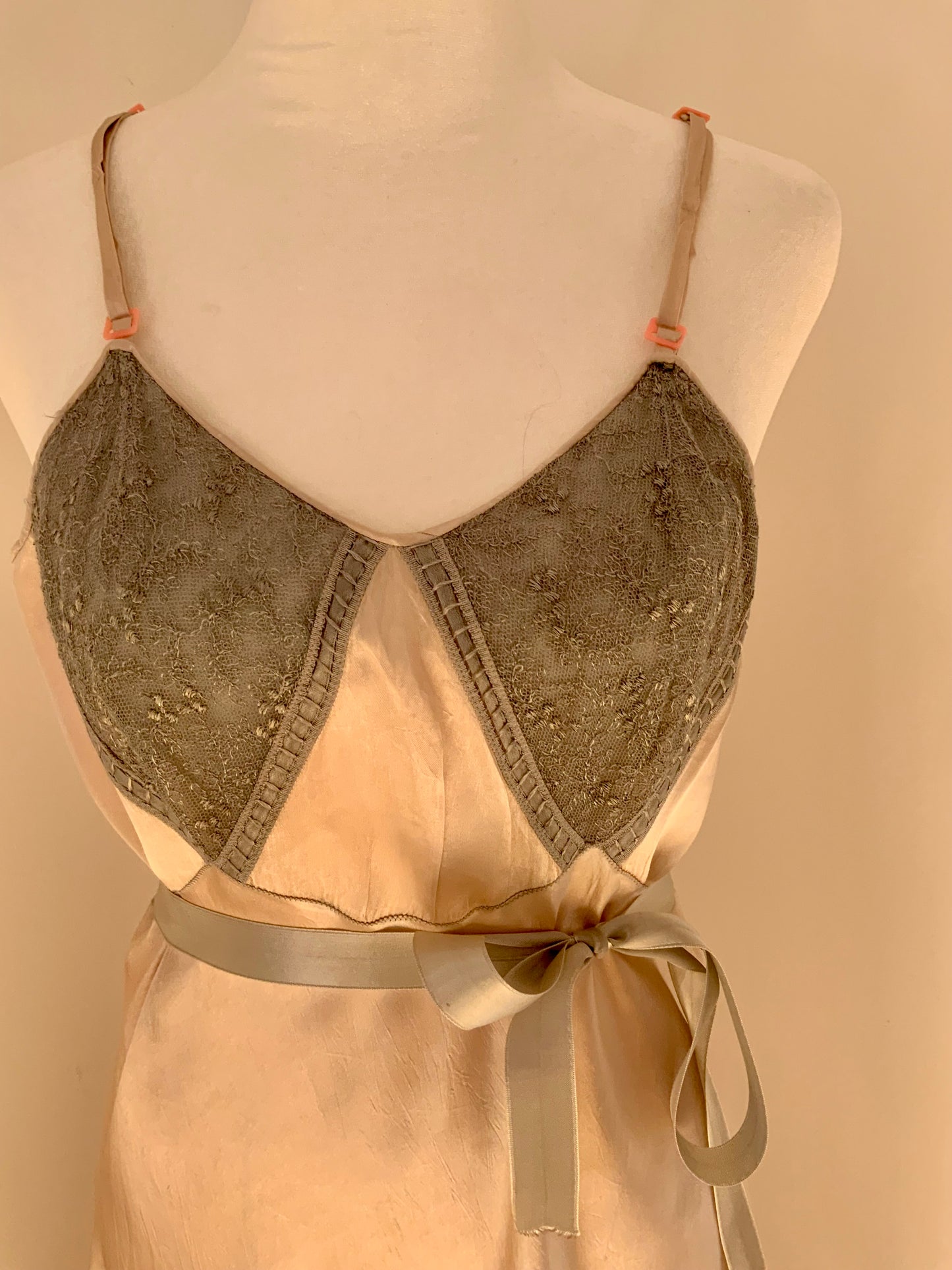 Vintage Silk Slip Dress – Hand Dyed Champagne and Grey with Lace Bodice & Satin Ribbon
 - 40Pi