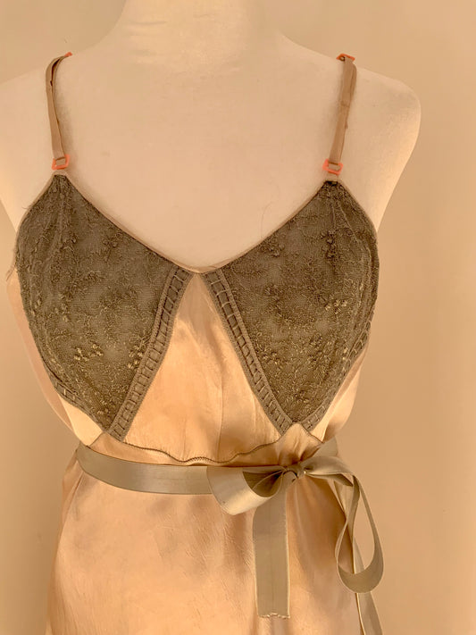 Vintage Silk Slip Dress – Hand Dyed Champagne and Grey with Lace Bodice & Satin Ribbon
 - 40Pi