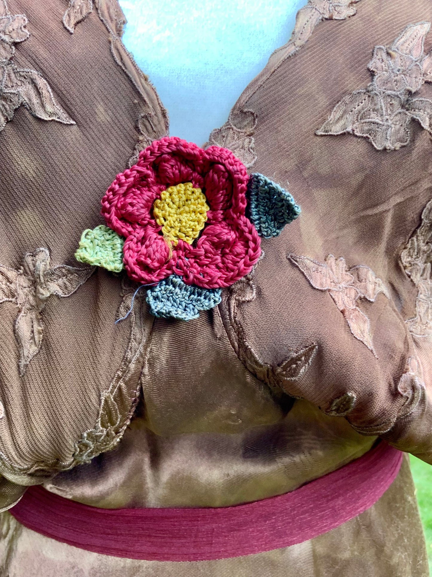 1930s Hand Dyed Silk Slip Dress Chocolate Brown Bias Cut Art Deco Embroidered Bodice OOAK
-40BK