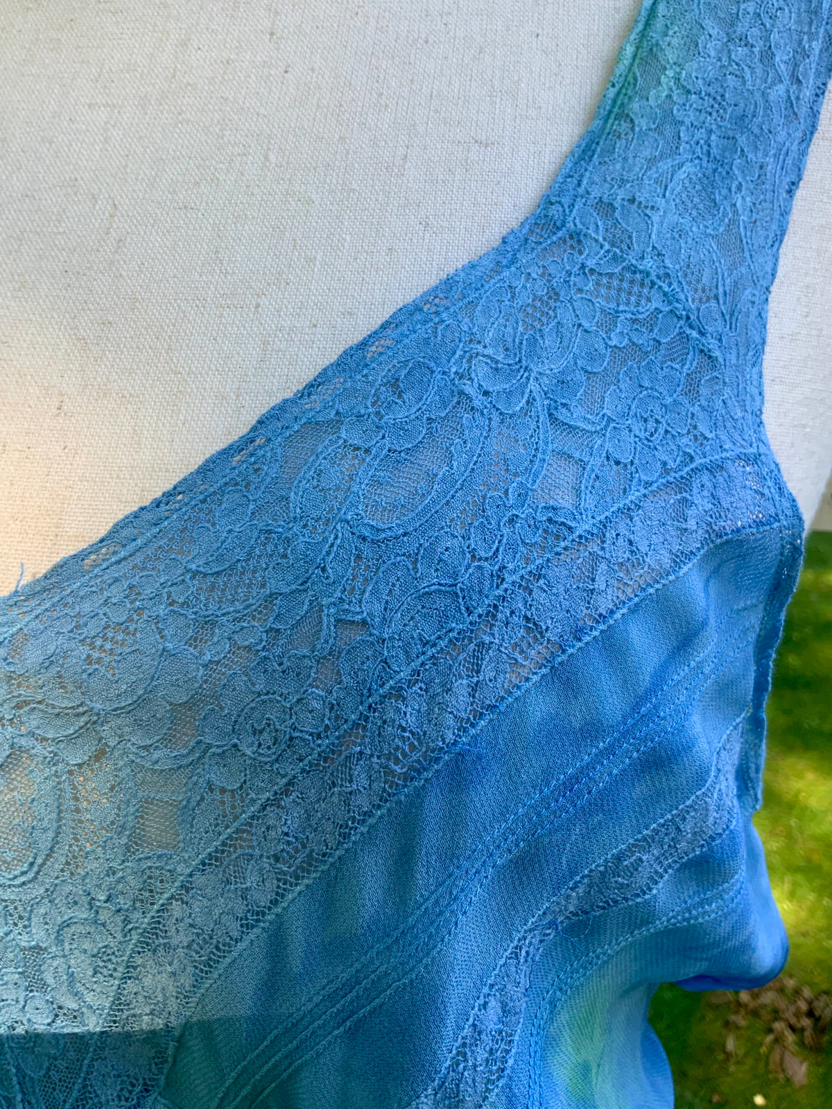 1930s Hand Dyed Blue Bias Cut Satin Nightgown with Lace.40BZ
