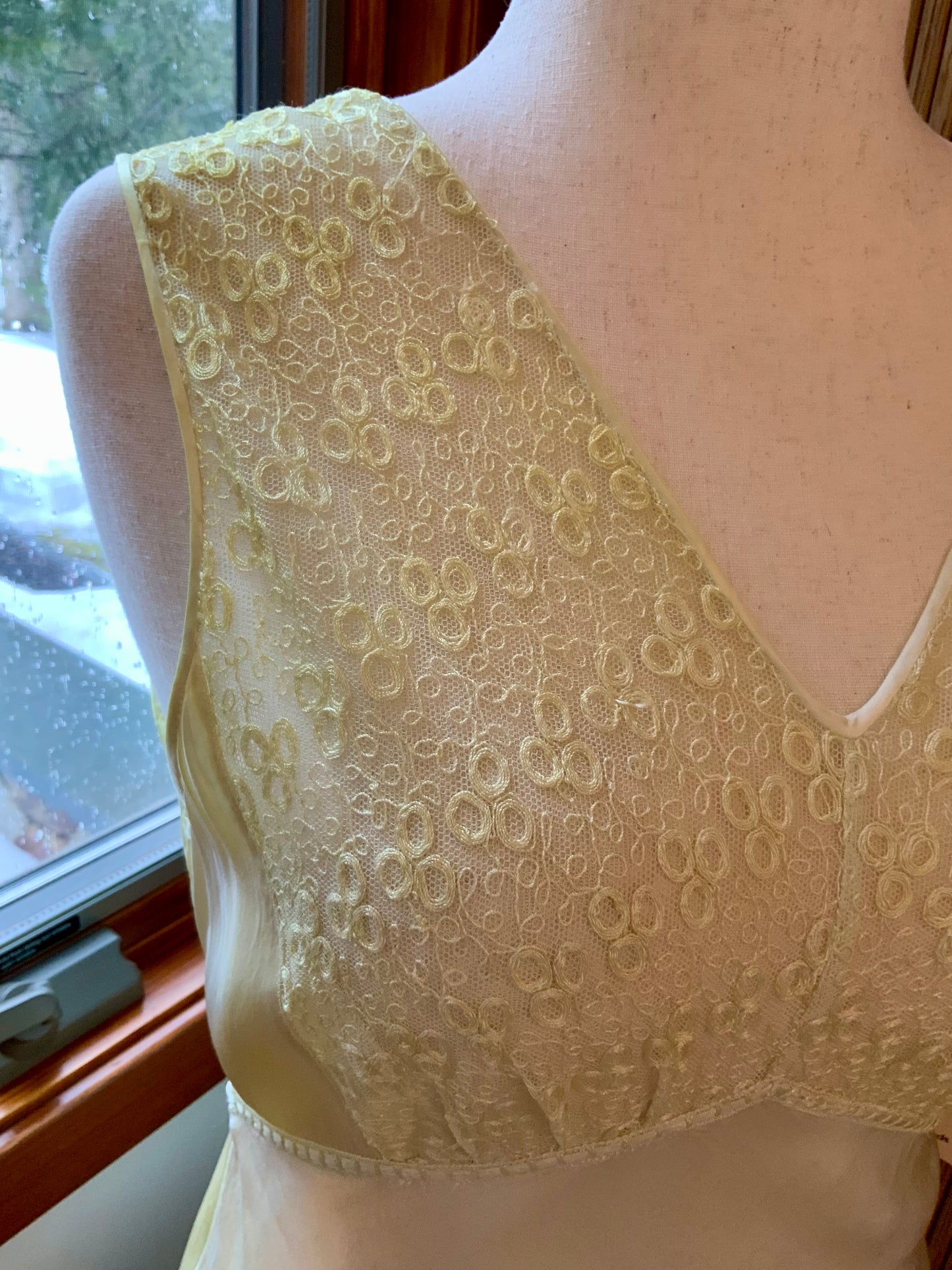 1970s Hand Dyed Bias Cut Satin Gown | 1940s Inspired Lace Bodice Maxi Dress | Pale Celadon Vintage Slip Dress- 40V