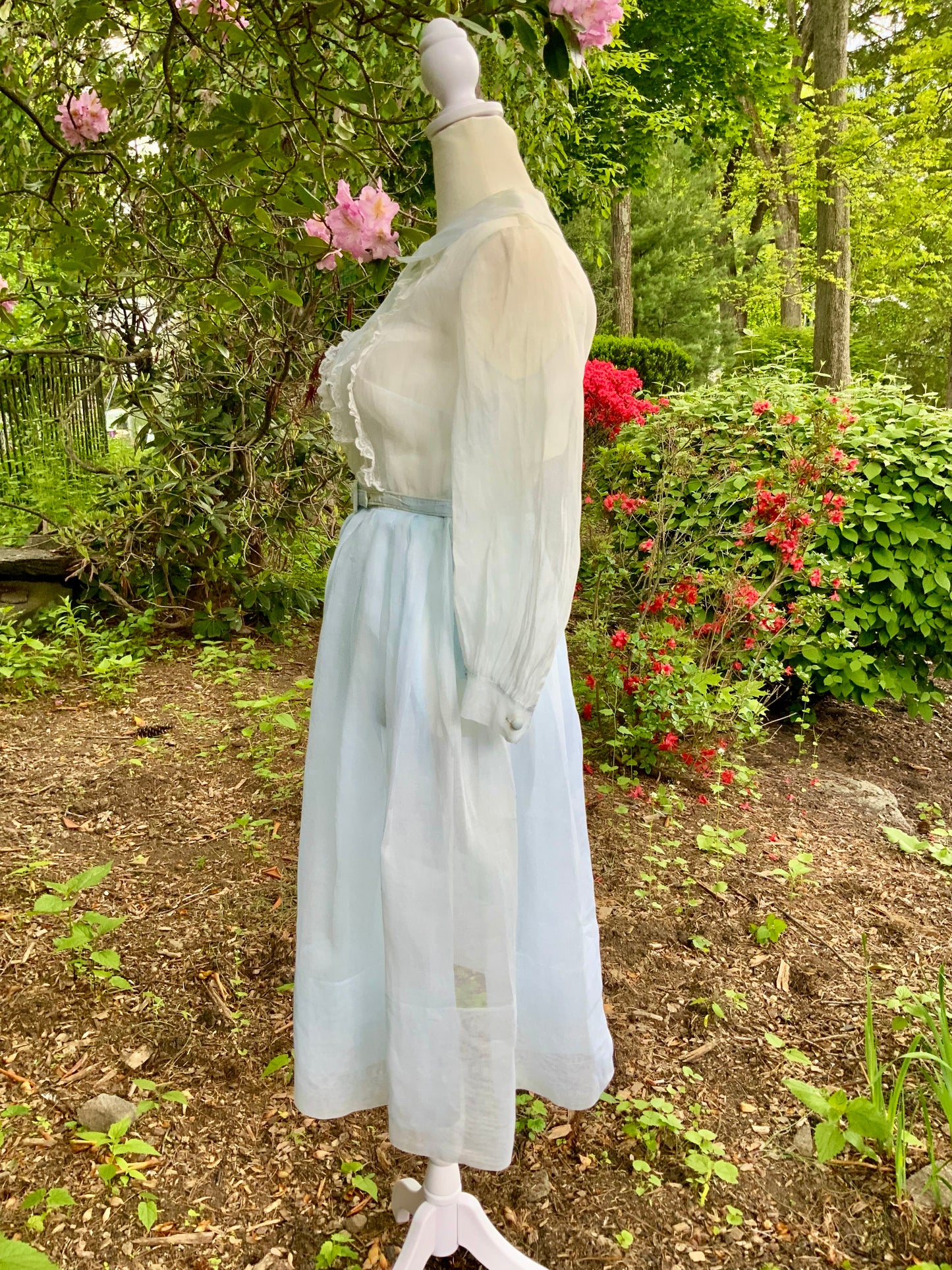 Late 1930s 1940s Sheer Blue Cotton Organdy Dress Romantic Lingerie Style Dress-30CR