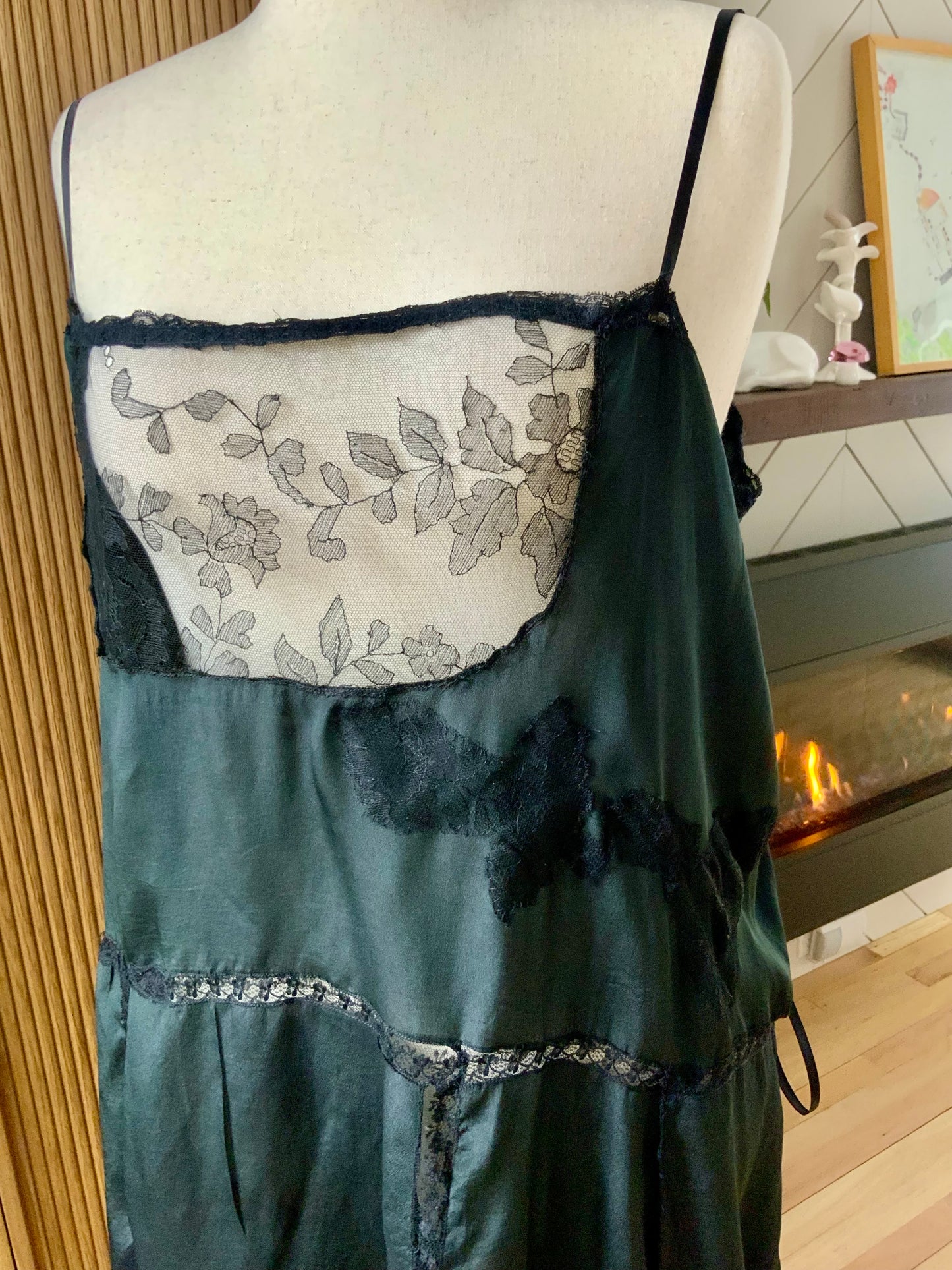 1920s–30s Pure Silk Boudoir Slip Dress — Black with Antique Lace Inset-XL-20AK