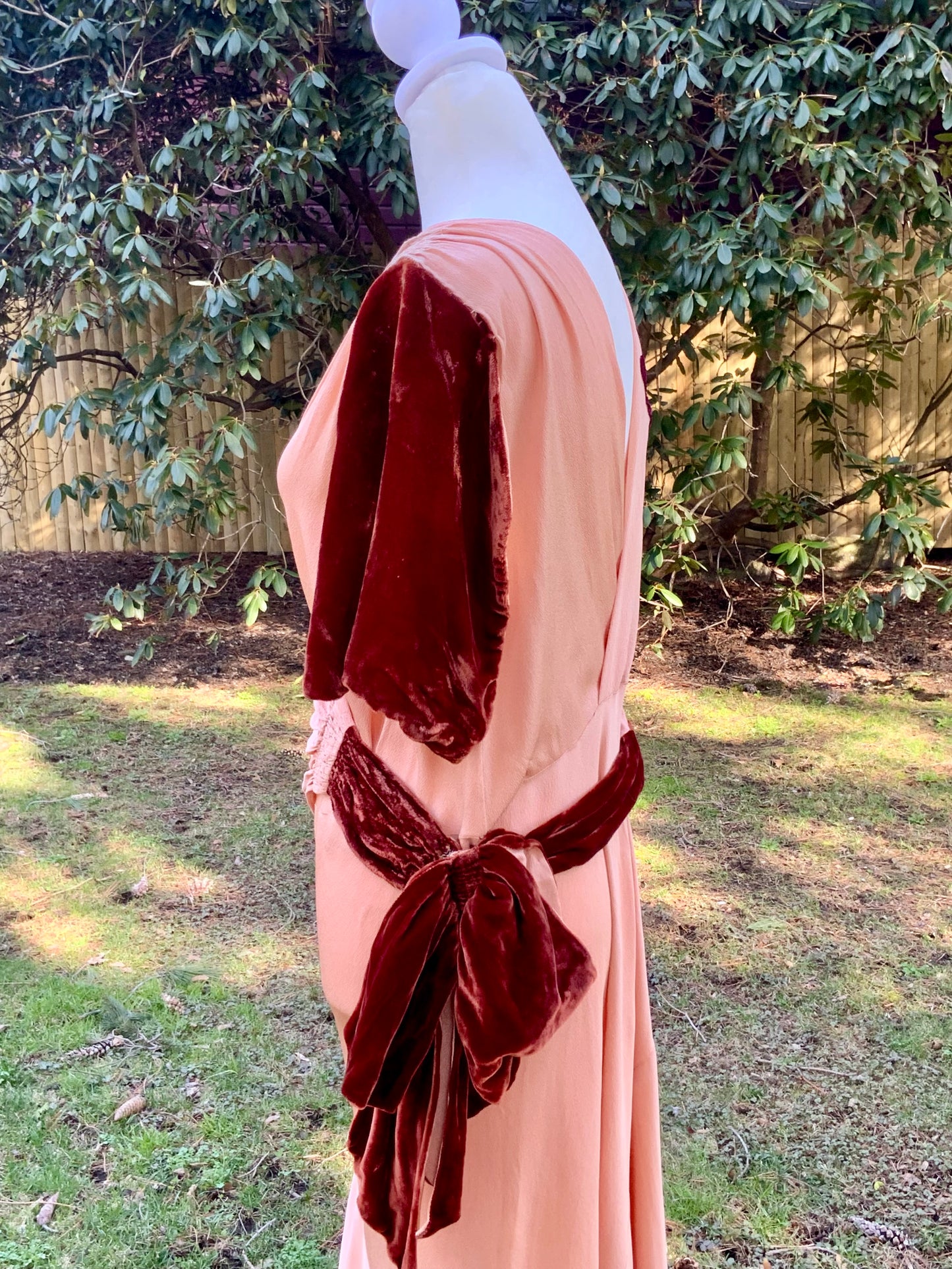 1930s Silk Crepe Evening Dress in Dusty Peach with Velvet Accents and Draped Waist | Artfully Restored-Iconic-30BH
