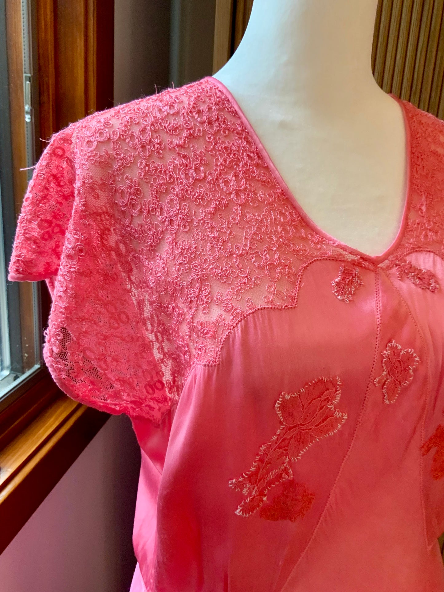 1970s Hand Dyed Coral Satin Gown | 1940s Inspired Lace Cap Sleeve Maxi Dress | Vintage Pink Bias Evening Dress
 - 50AG