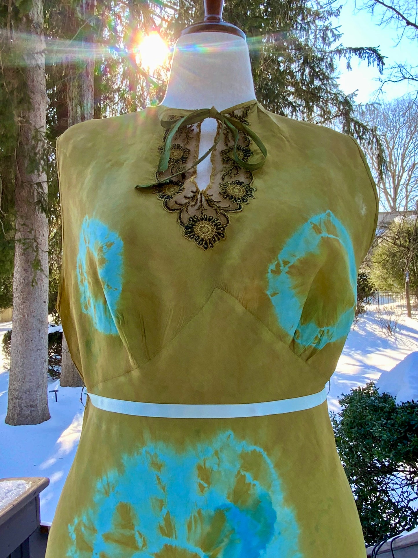 (Copy) Hand-Dyed Vintage Silk Dress – Olive & Aqua Patina | One of a Kind Atelier Piece (1930s–40s)-40B6