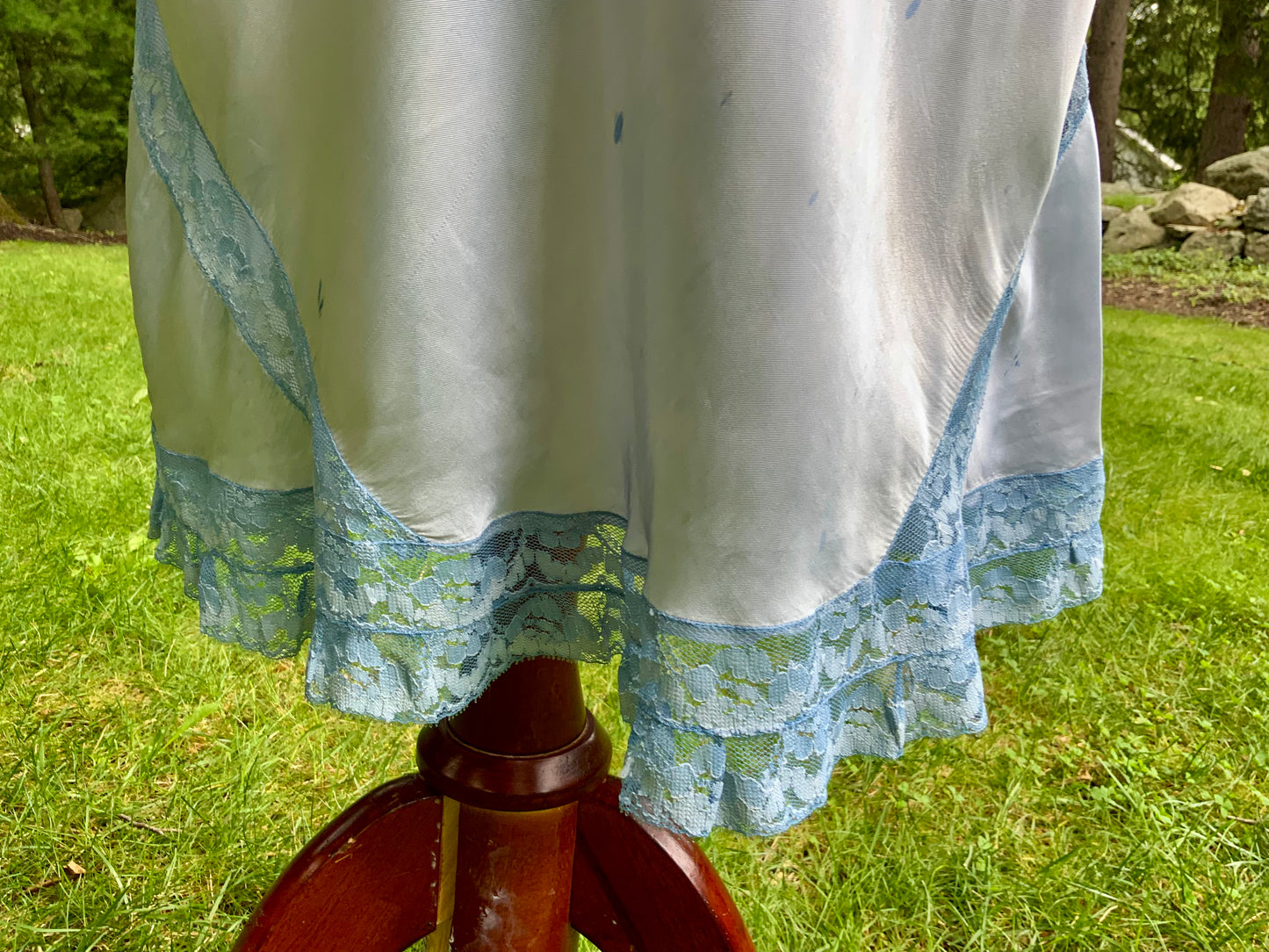 1930s Hand-Dyed Ice Blue Satin and Lace Bias-Cut Full Slip.50BA