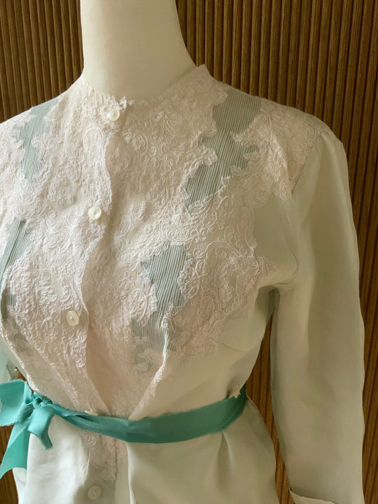1940s Silk Satin Blouse with Lace Appliqué | Mint Green | Edwardian Revival-40AT