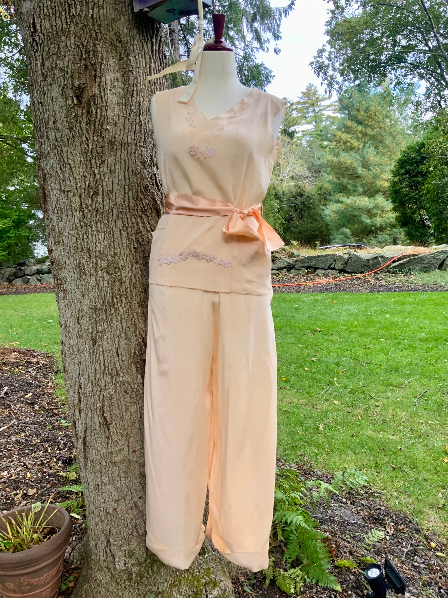 1920s–1930s Pure Silk Peach Pajama | Hand Restored with Vintage Floral Appliqués & Satin Ribbon | One-of-a-Kind Collectible Loungewear- 20AJ