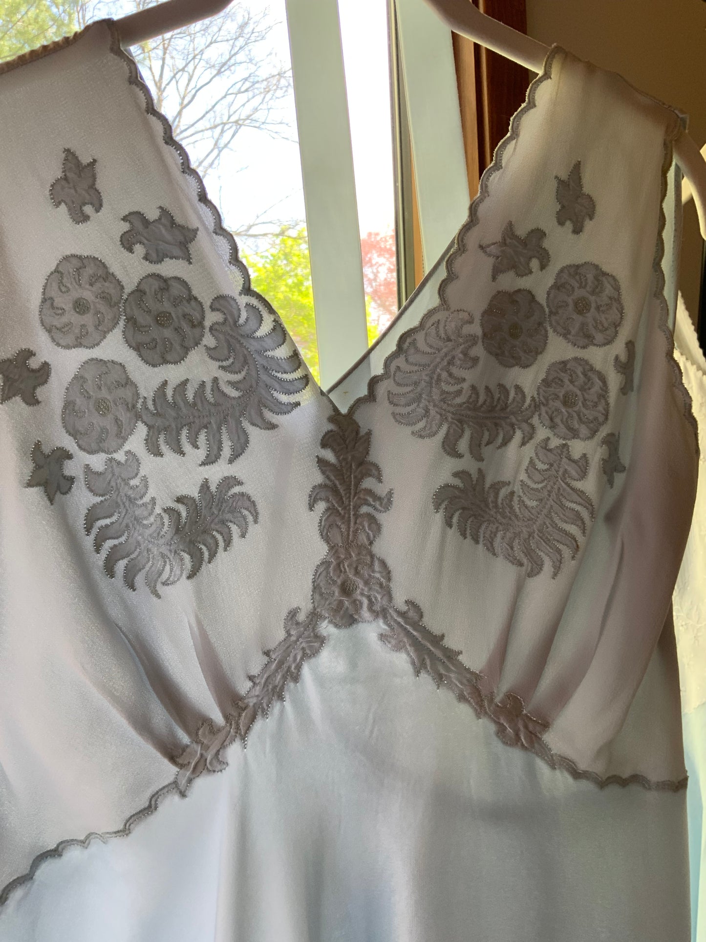 1930s Powder Blue Silk Satin Slip Dress | Embroidered Illusion Mesh Bodice |Large
-30BV