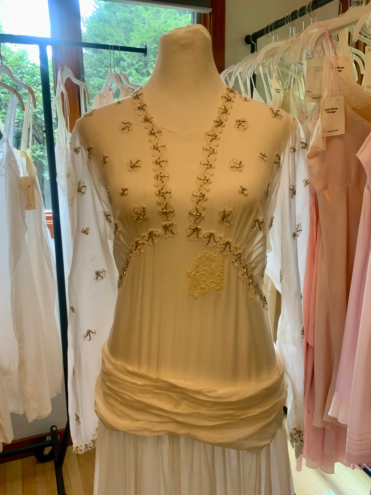 Circa 1940s Ivory Chiffon Wedding Gown with Beaded Shell Motifs and Lace Appliqués.40CH.