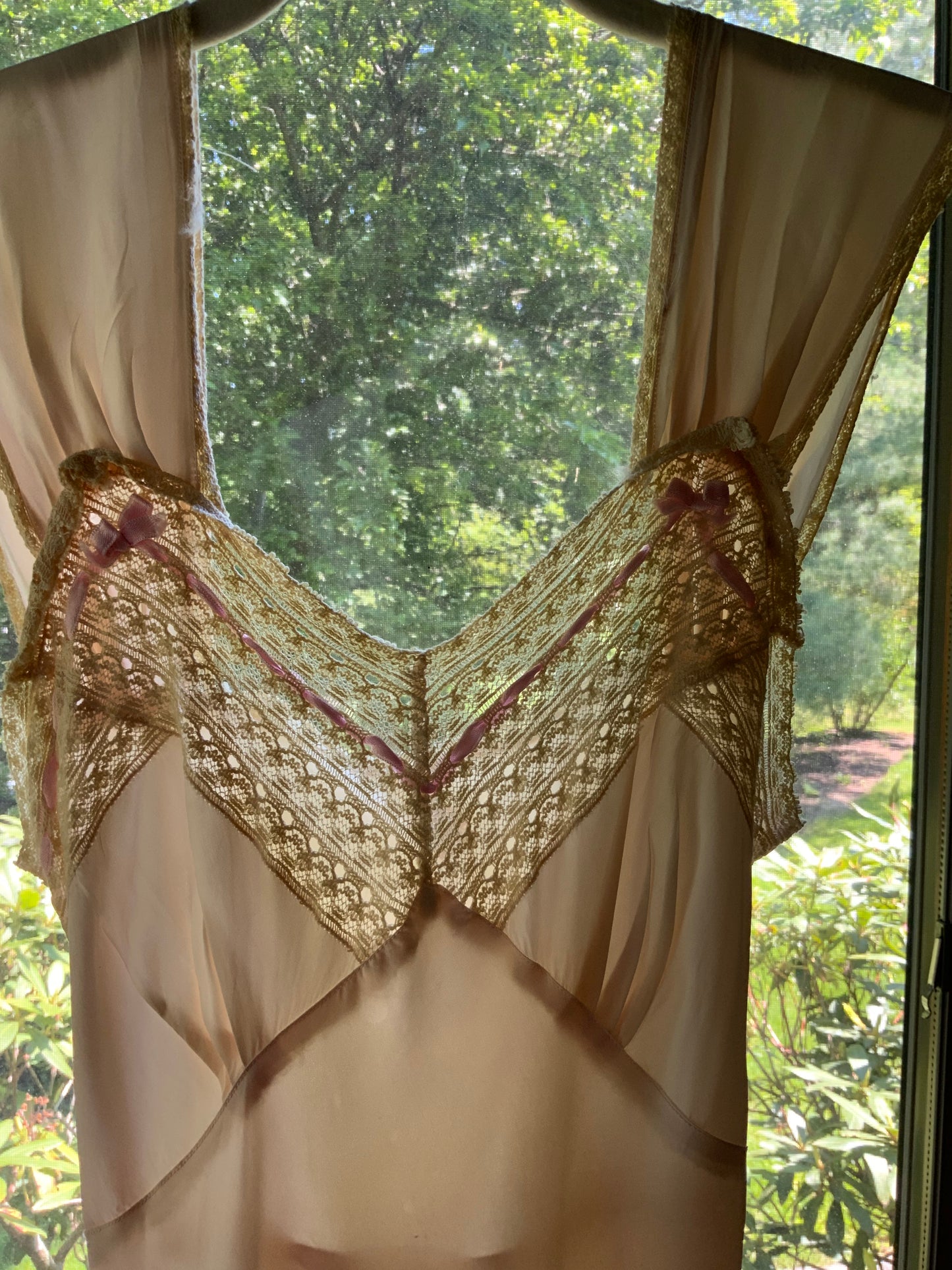 1930s Pale Peach Bias Cut Nightgown. Lace and Ribbonwork Boudoir Gown. Cap Sleeve Satin Lingerie.30CS