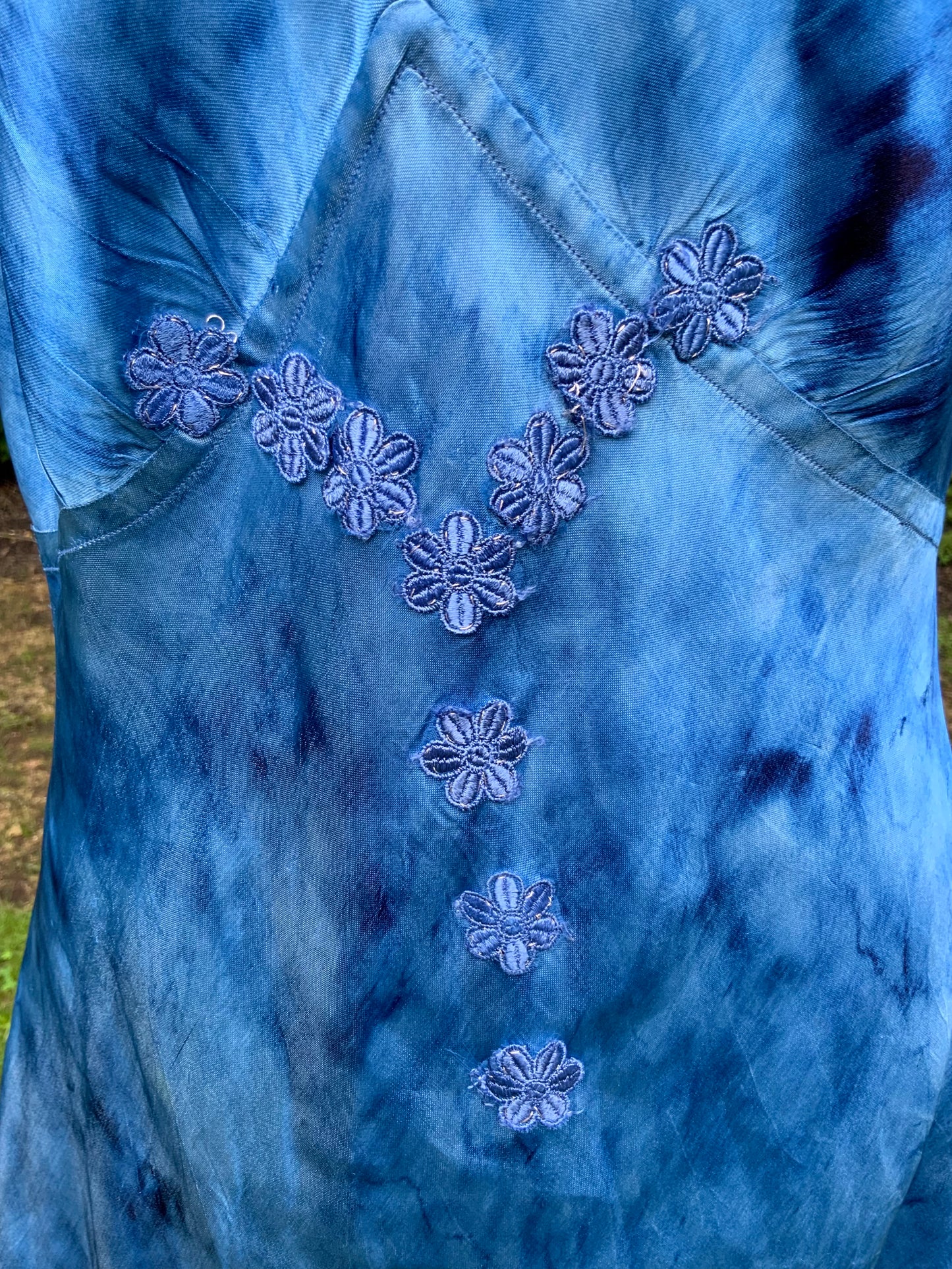 1930s Hand Dyed Blue Satin Nightgown with Floral Appliqués.40CG