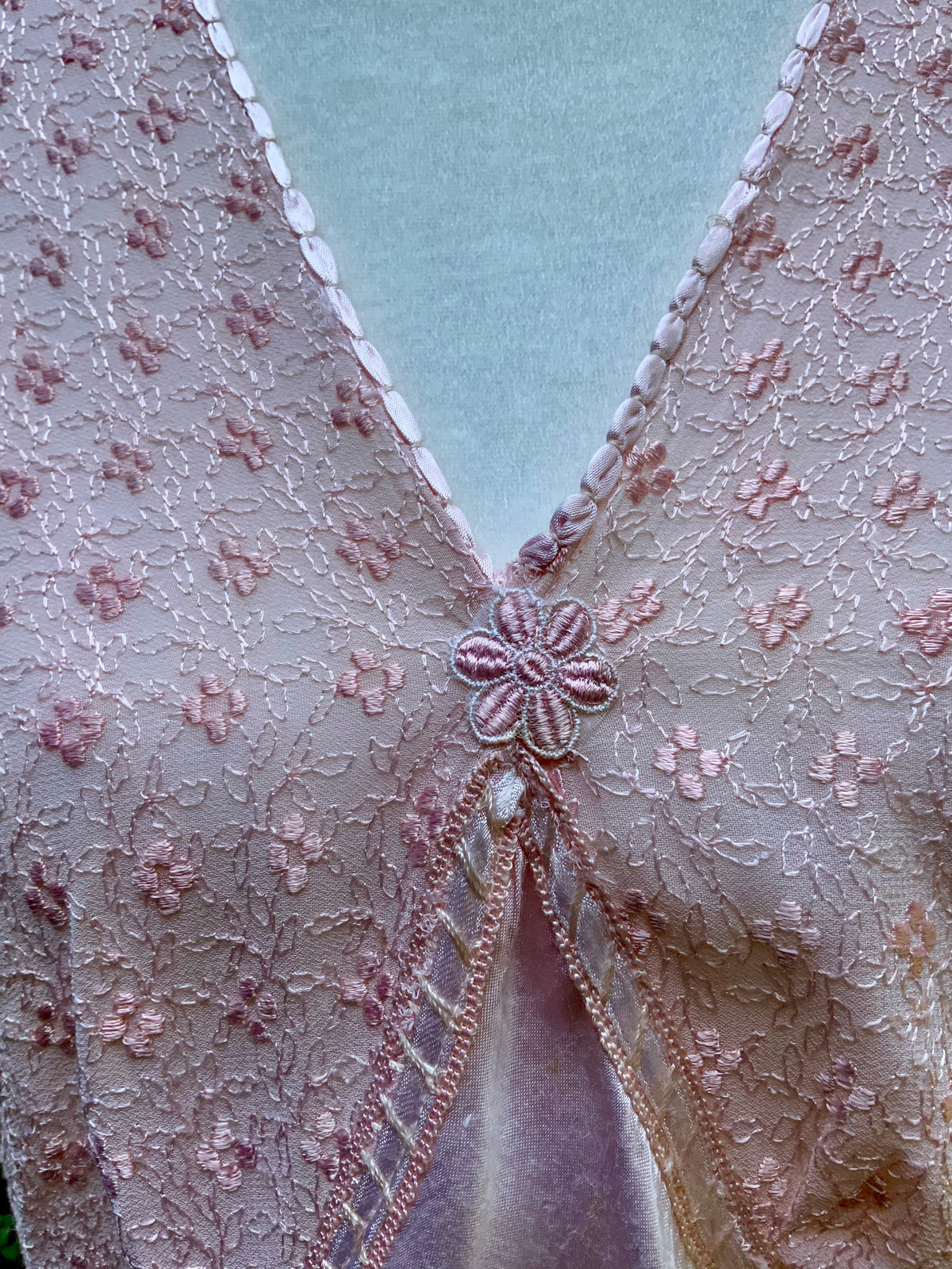 1930s Blush Pink Satin Nightgown with Sheer Embroidered Bodice.30CK