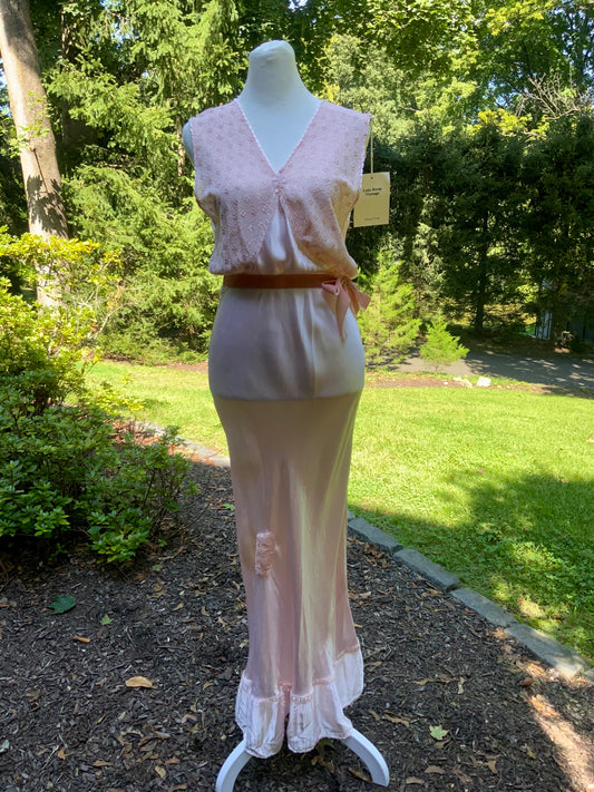 1930s Blush Pink Satin Nightgown with Sheer Embroidered Bodice.30CK