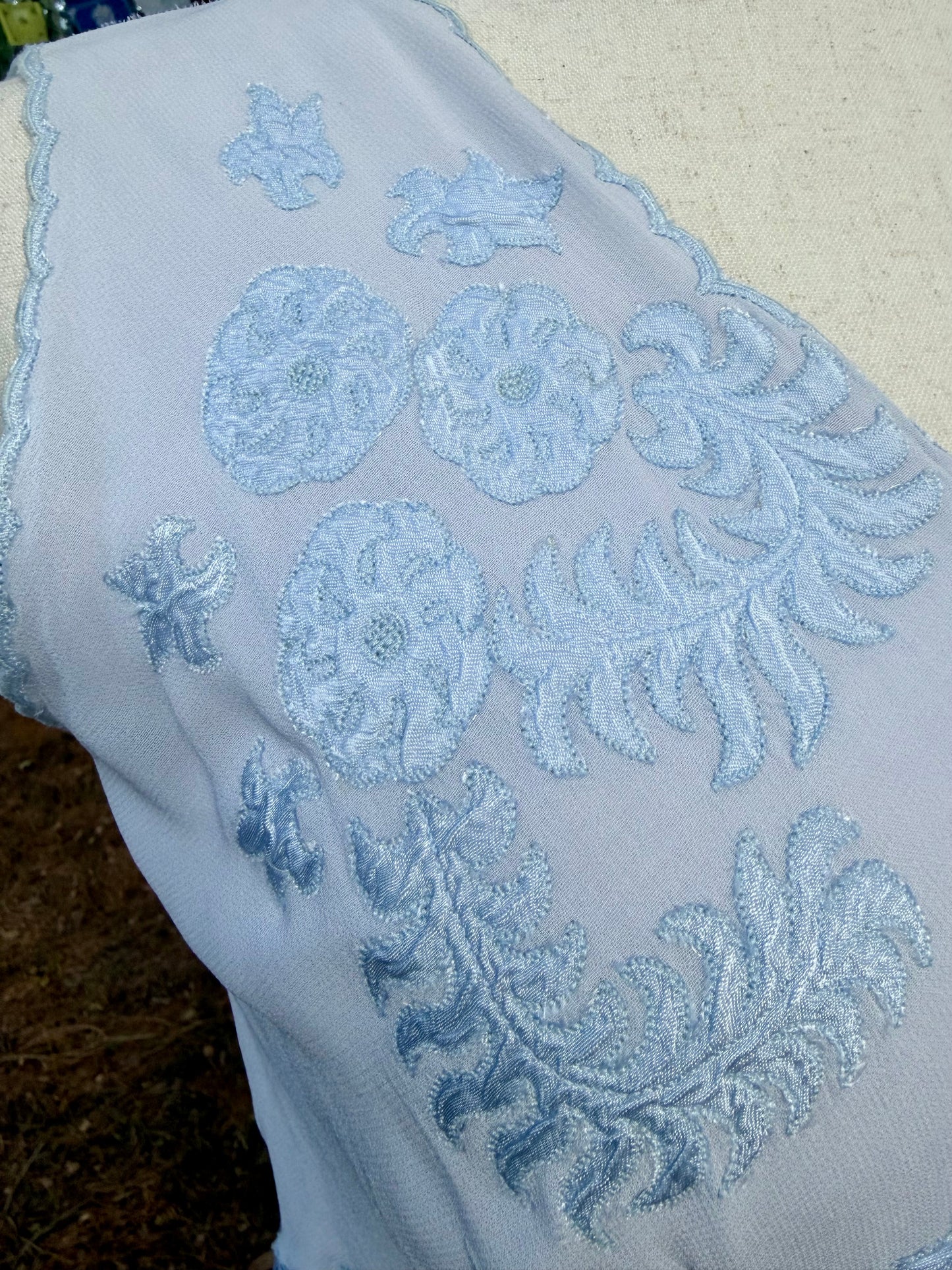 1930s Powder Blue Silk Satin Slip Dress | Embroidered Illusion Mesh Bodice |Large
-30BV