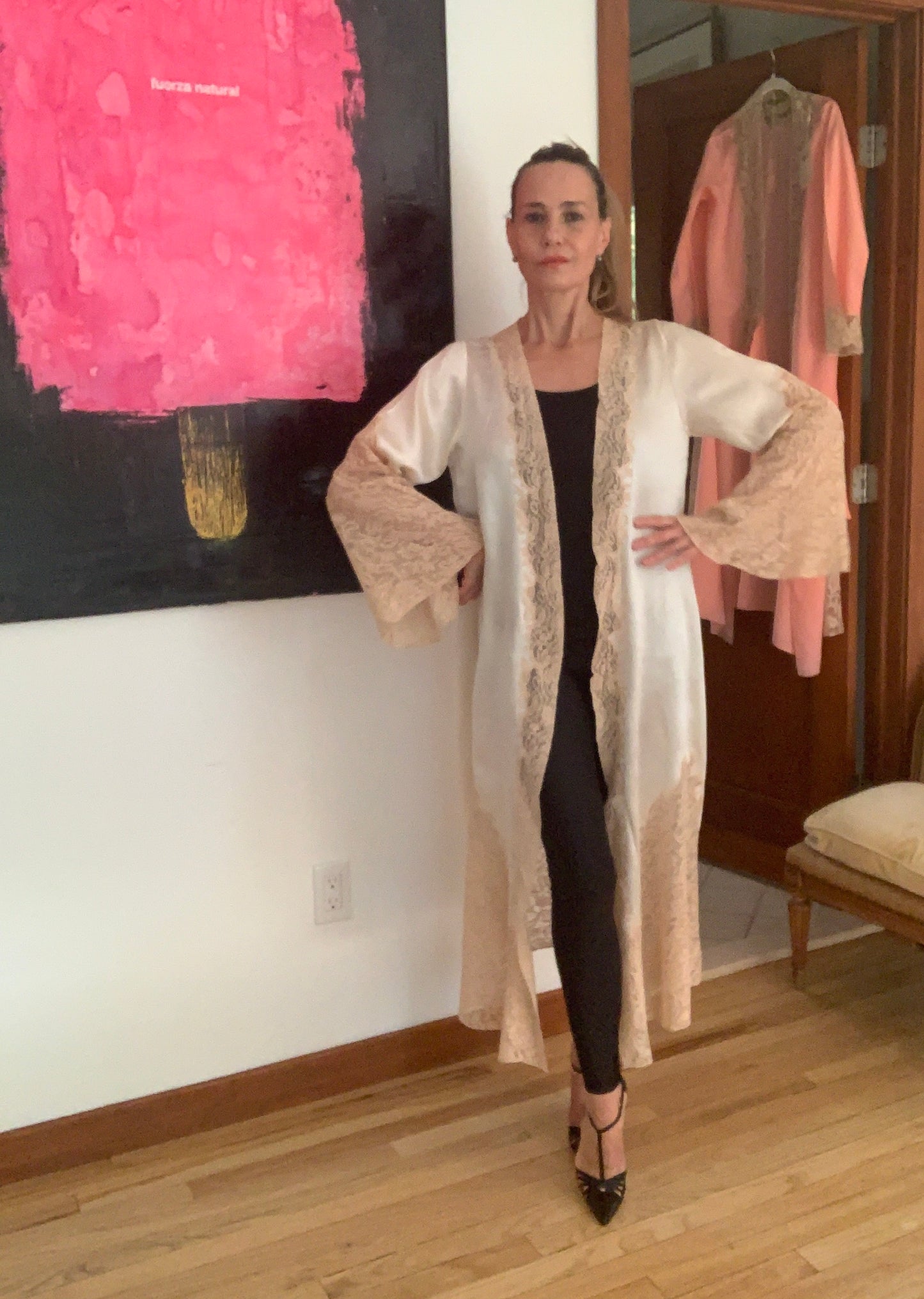 1930s Pure Silk & Lace Robe – Ivory Antique Peignoir with Hand – Luxury Vintage - 30AR