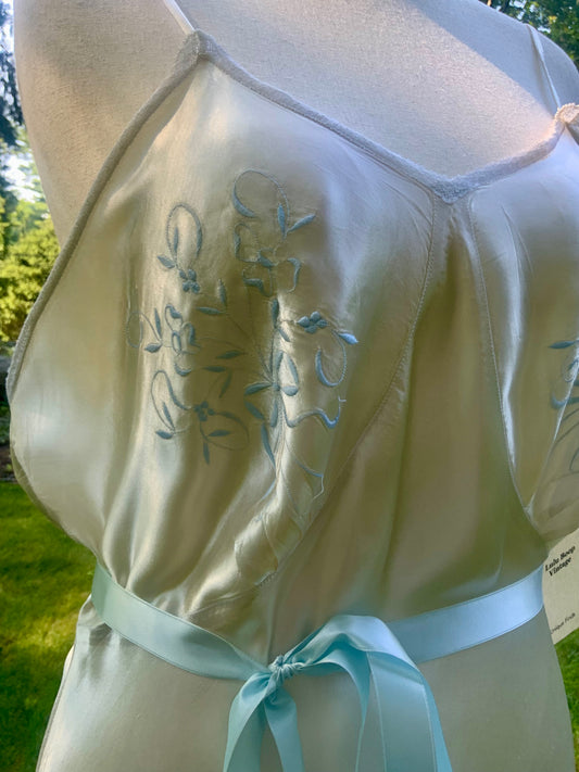 1930s Ivory Silk Satin Embroidered Slip Dress | Blue Floral Boudoir Nightgown | Bias Cut Bridal Lingerie | Old Hollywood Glamour-40AV
