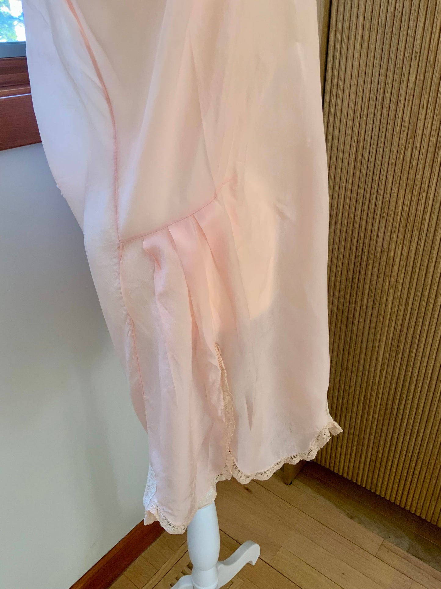 1920s–30s Blush Silk Teddy (Camiknicker) — Pure Silk Boudoir One-Piece with Lace Appliqué-20AL