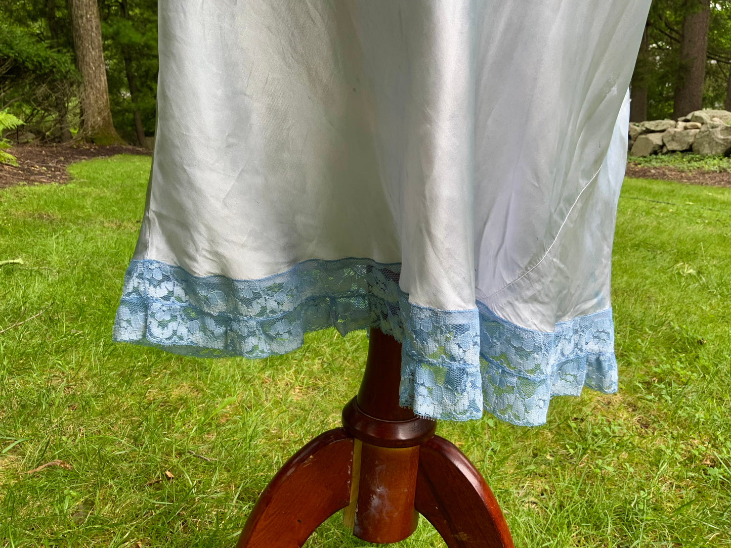 1930s Hand-Dyed Ice Blue Satin and Lace Bias-Cut Full Slip.50BA
