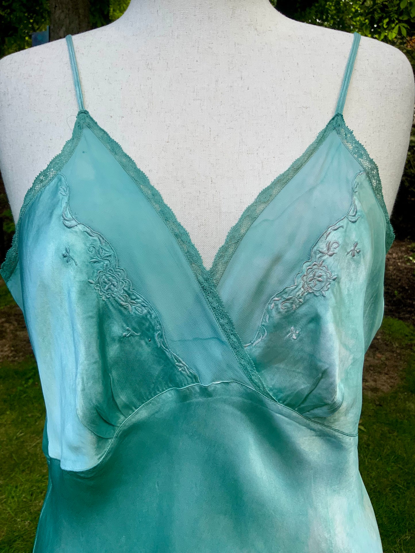 1930s Hand-Dyed Aqua Satin Slip Dress. Embroidered Bias Cut Slip with Sash.40CB
