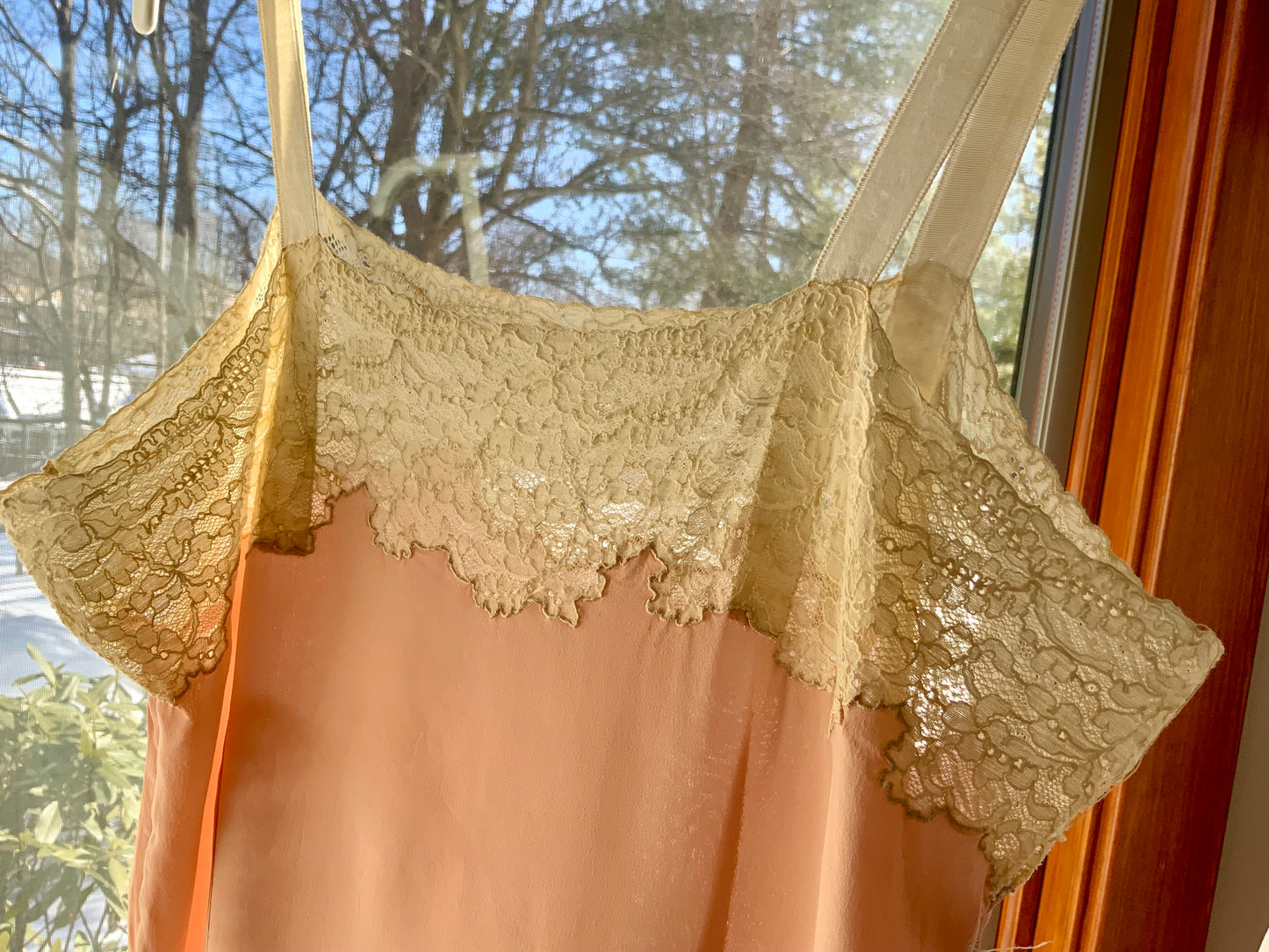 1940s Peach Silk Slip Dress with Antique Lace Appliqué — Pure Silk Boudoir Nightgown-40AU