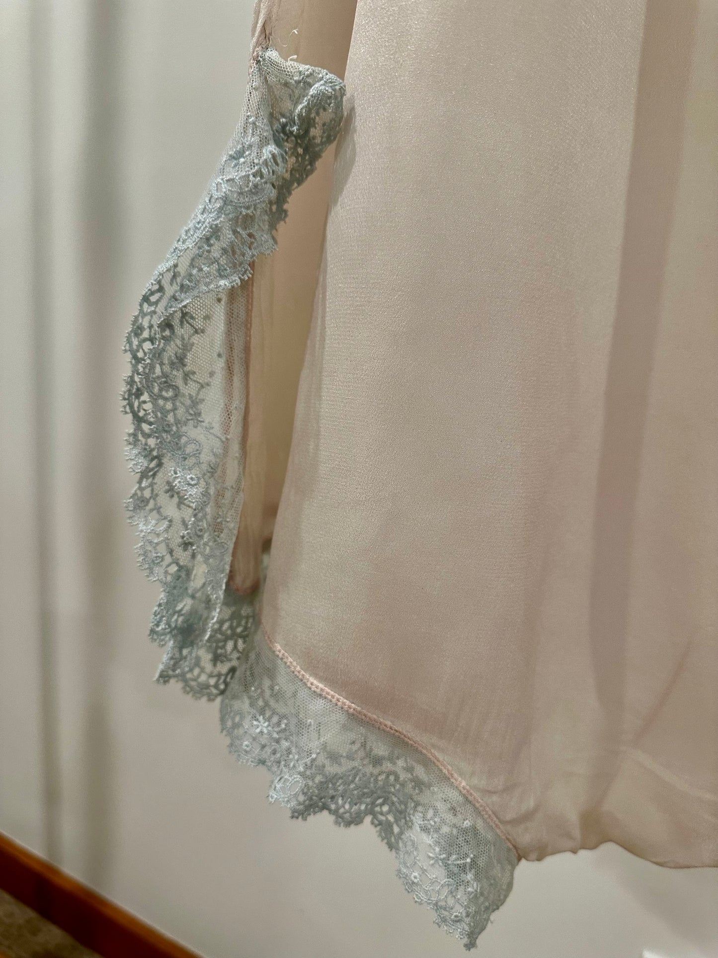 1920s–30s Pure Silk Teddy in Blush Pink with Powder-Blue Lace & Rare Antique Appliqués – Bridal Lingerie - 20AQ
