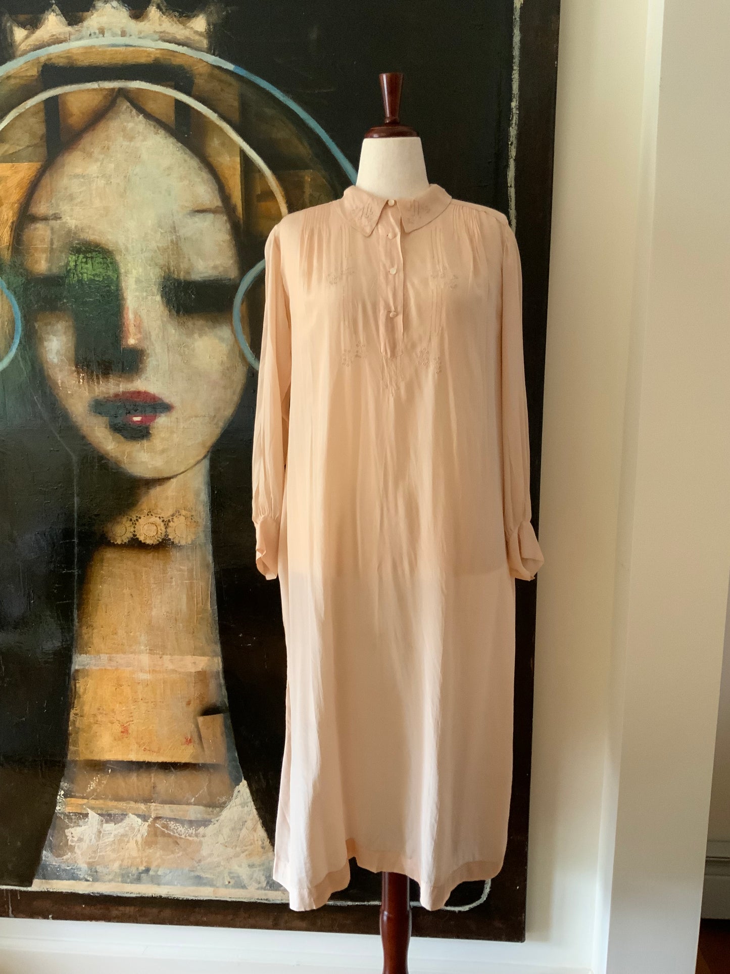 Long Sleeve Silk Nightgown Embroidered - 20s