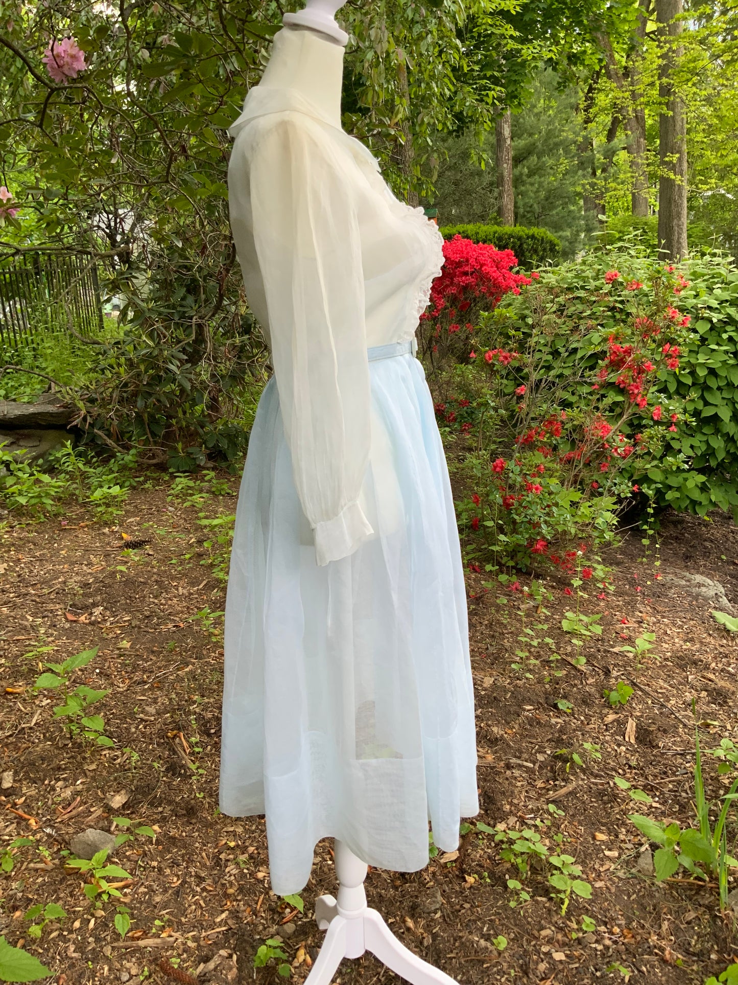 Late 1930s 1940s Sheer Blue Cotton Organdy Dress Romantic Lingerie Style Dress-30CR