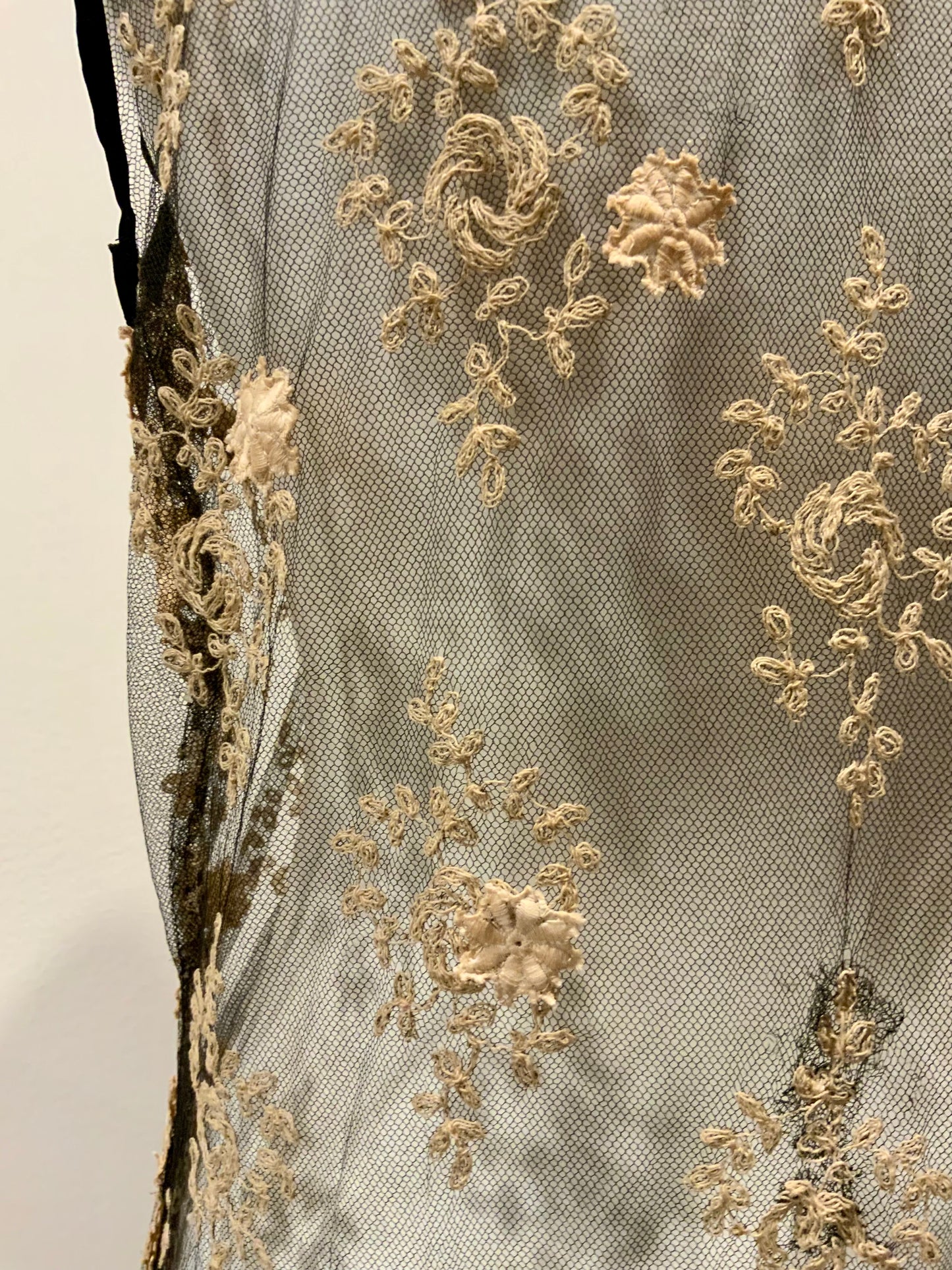 Rare 1920s French Lace Dress. Black Net & Pink Floral Embroidery. Restored Antique Flapper Dress.20AT.