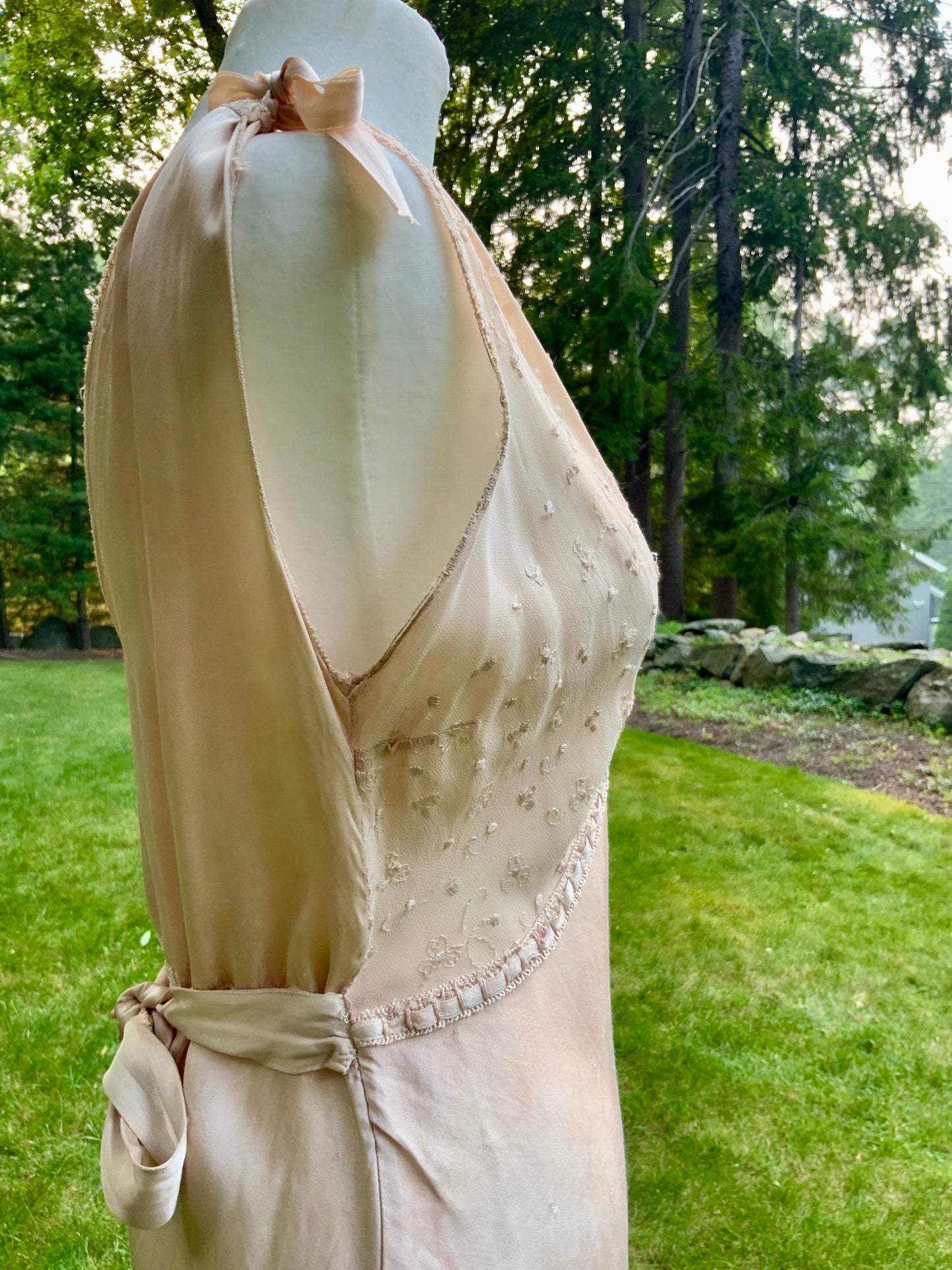 Late 1930s Tea Dyed Champagne Satin Gown Hollywood Glamour Vintage Bridal Slip Dress Boudoir-40BM