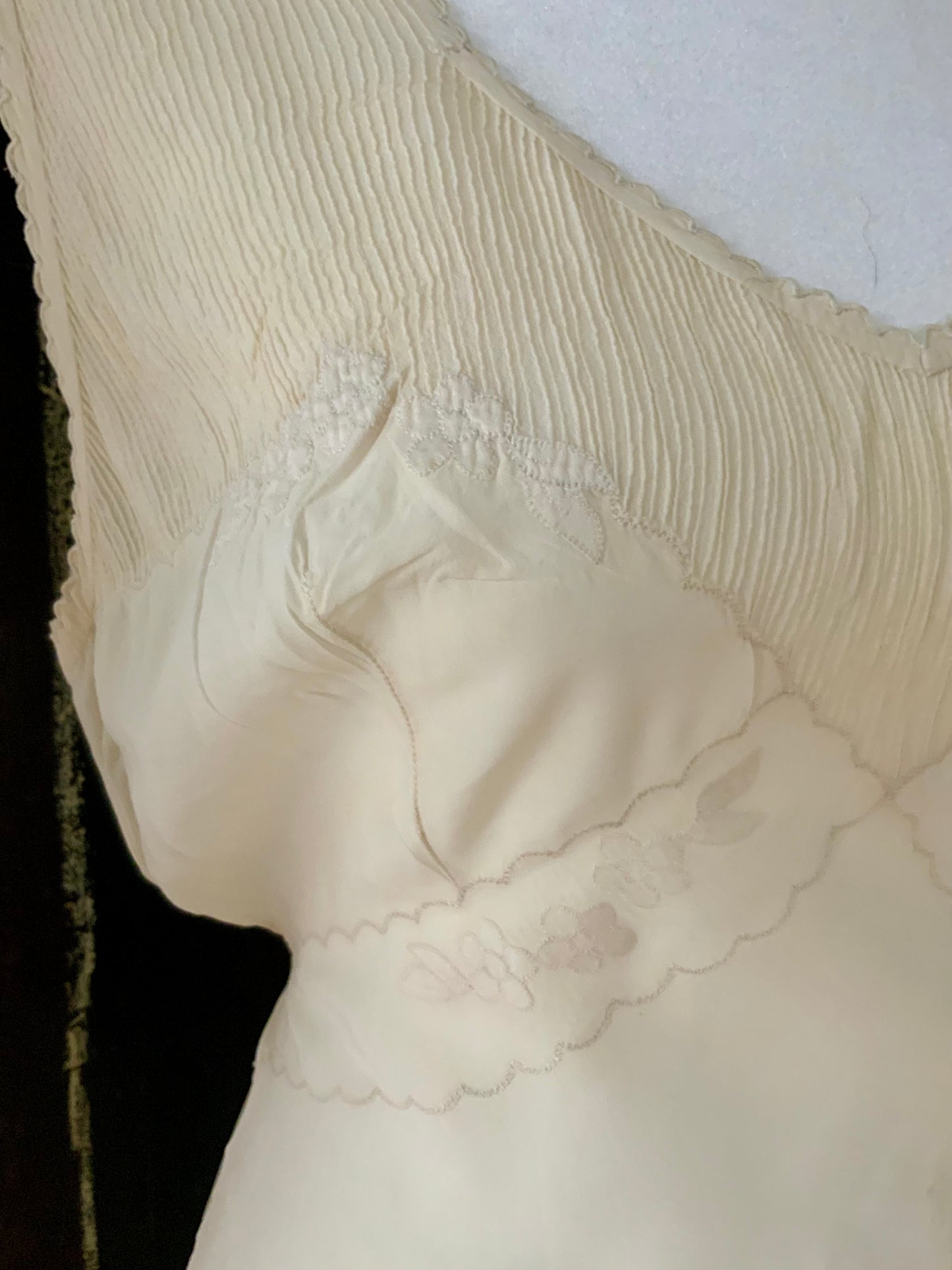 Antique 1930s–40s Pure Silk Nightgown — Ivory Bias Cut Slip Dress with Pintucks & Embroidery-40AT