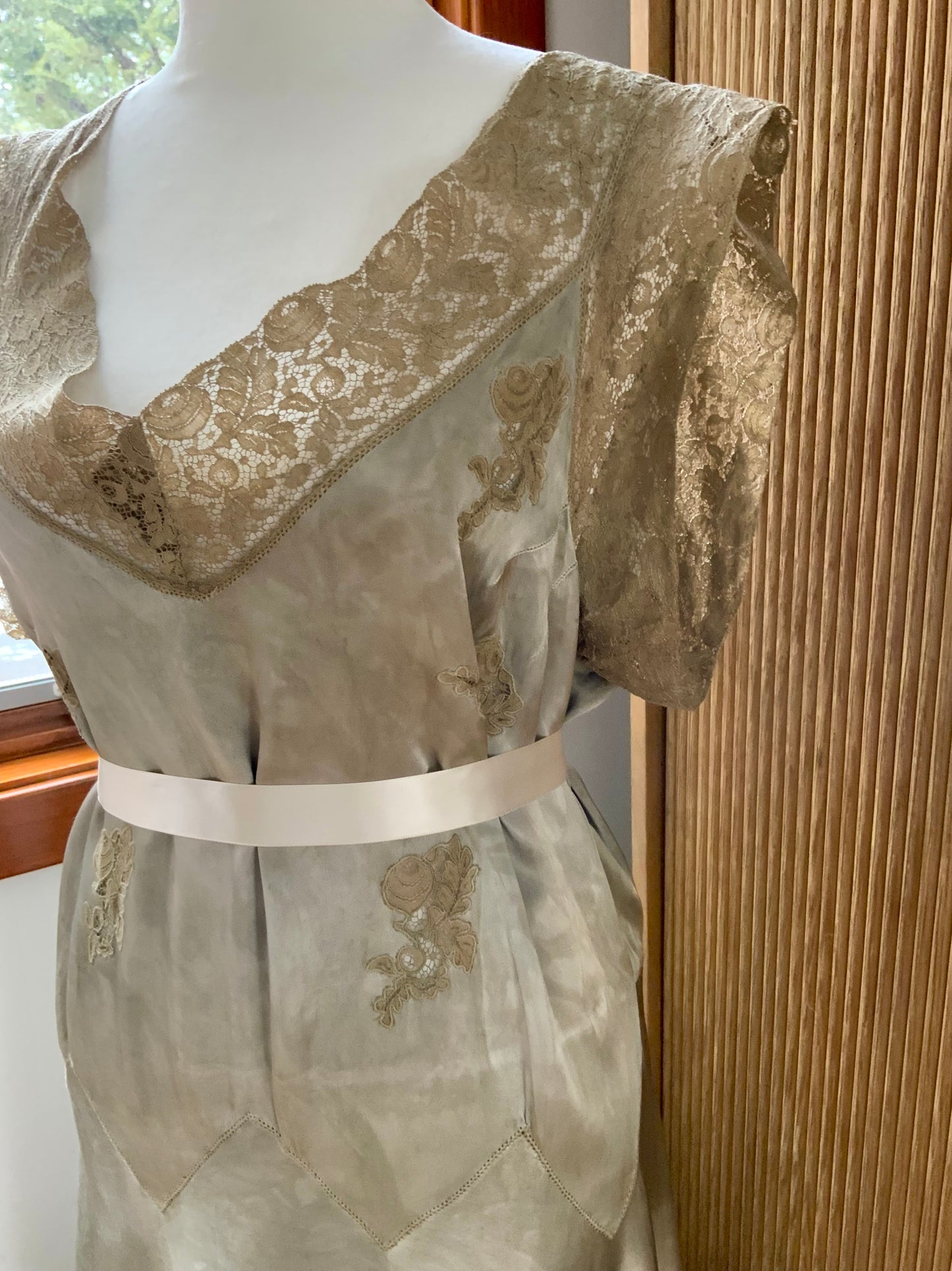 1930s Hand-Dyed Silk Satin Gown with Lace Cap Sleeves - 40AF