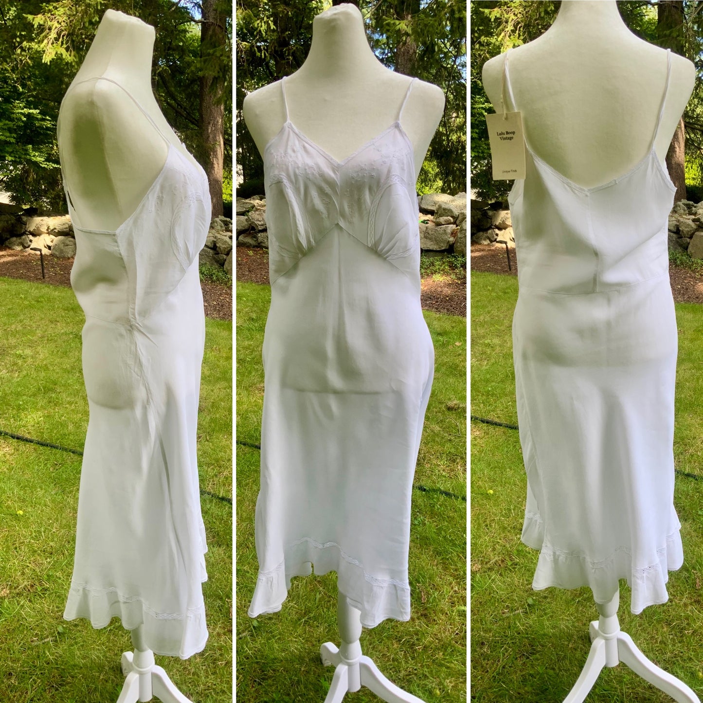 1930s White Satin Nightgown. Embroidered Bias Cut Slip Dress. Bridal Lingerie Gown .30CQ