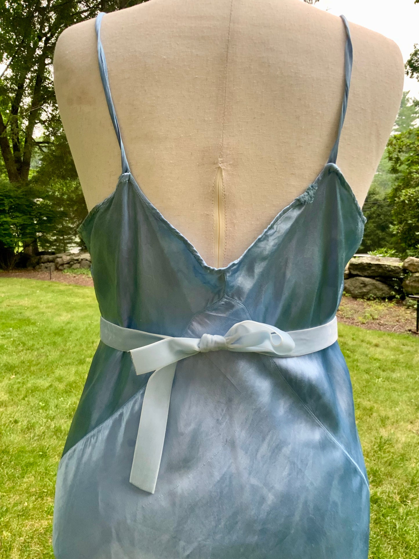 1930s early 40s Hand Dyed Blue Satin Slip Dress | Embroidered Sheer Bodice | Bias Cut Vintage Inspired Lingerie Dress | One of a Kind-40BH