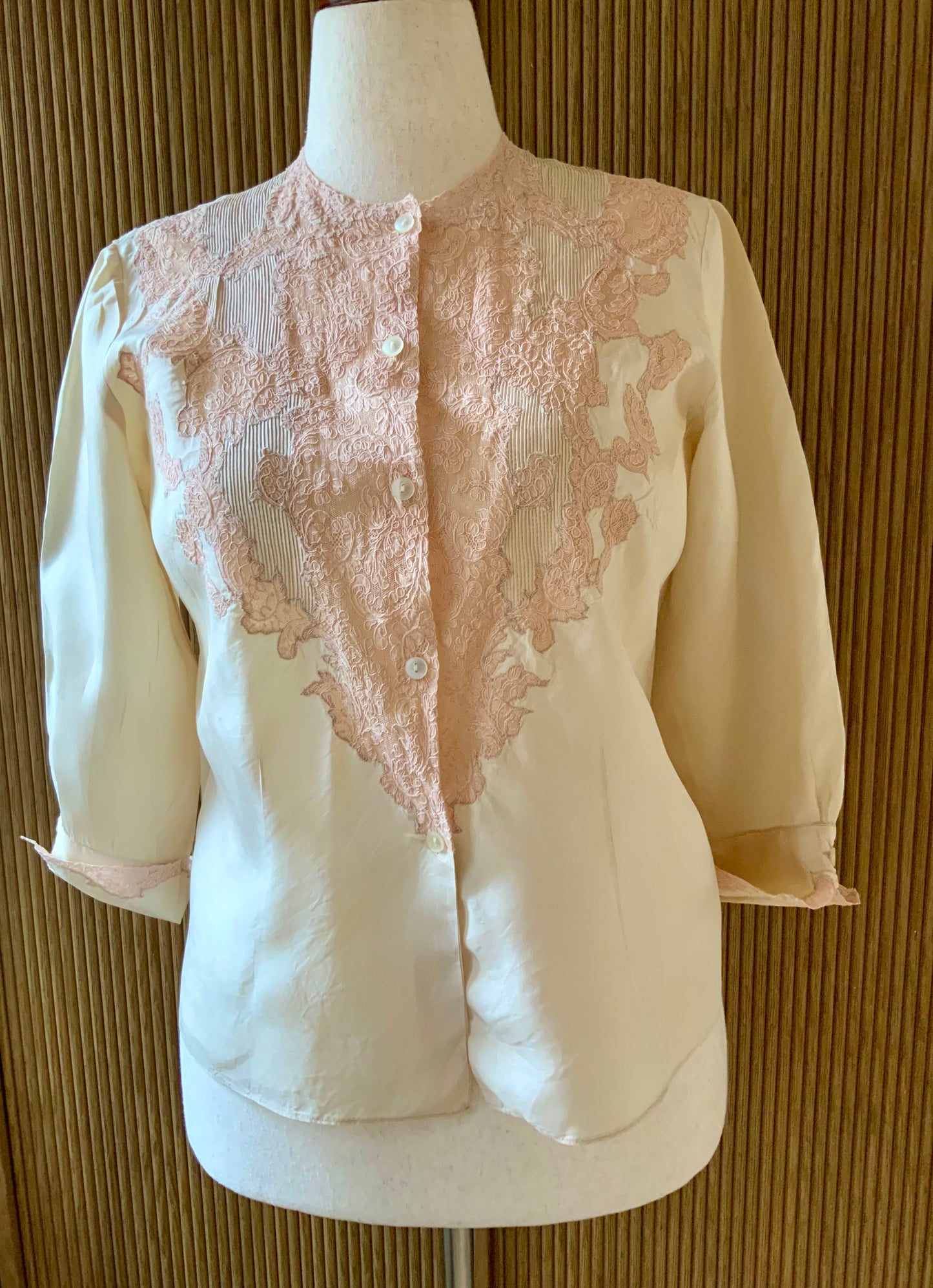 1930s Silk Blouse with Blush Lace Appliqué – Sheer Antique Chiffon Top, Romantic Lingerie Style, Bridal Boudoir Vintage-30BG