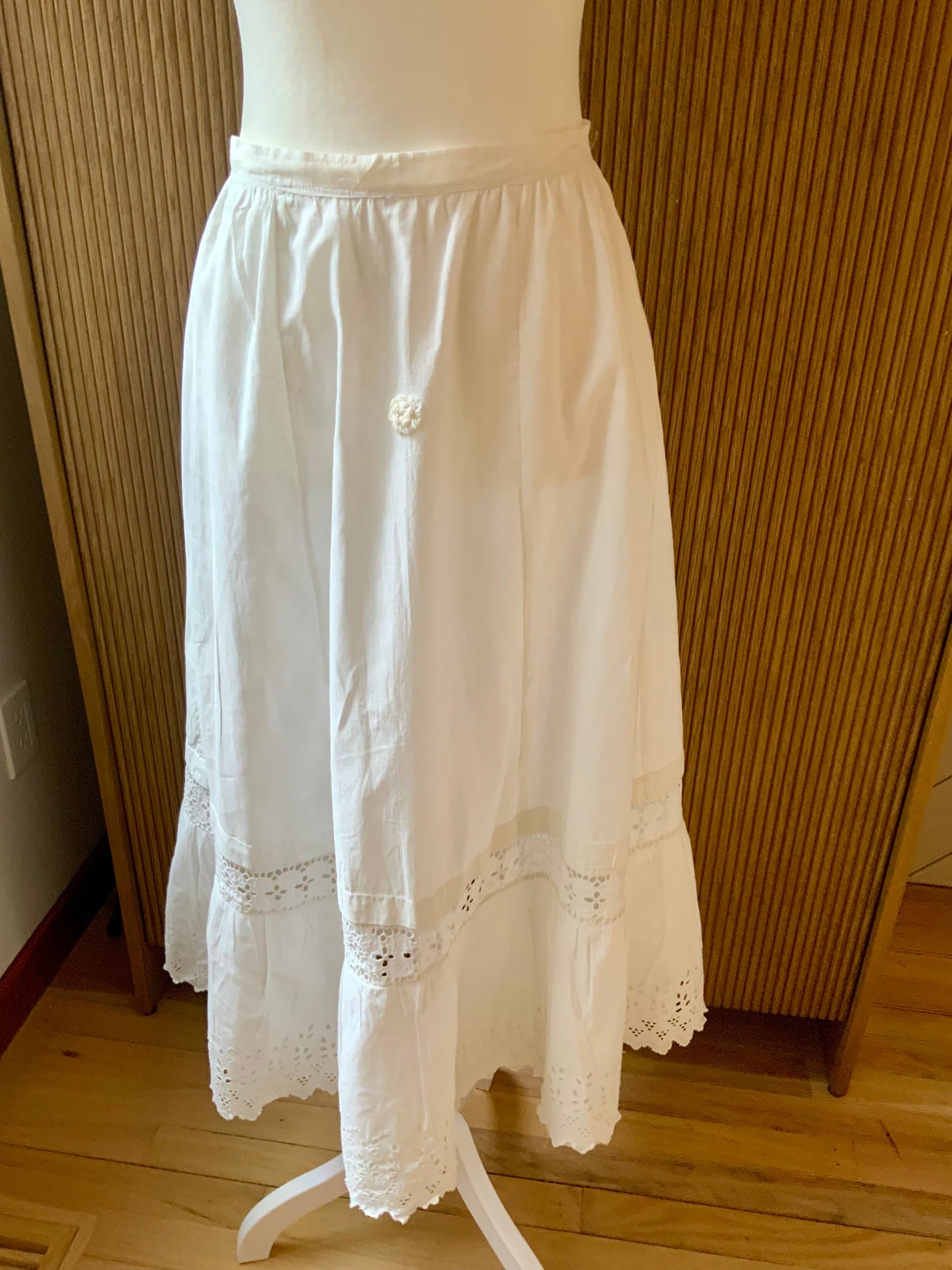 Edwardian White Cotton Petticoat Skirt with Lace Trim | Antique 1910s Tiered Underskirt | Hand Restored-ED76