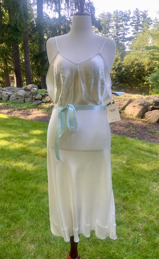 1930s Ivory Silk Satin Embroidered Slip Dress | Blue Floral Boudoir Nightgown | Bias Cut Bridal Lingerie | Old Hollywood Glamour-40AV