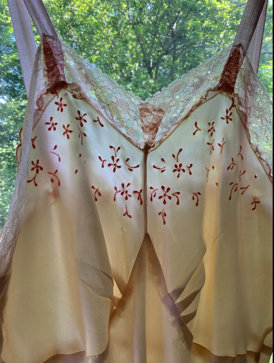 1940s Pink Embroidered Satin Slip Dress. Ivory Lace Lingerie. Romantic Boudoir Gown.40CA