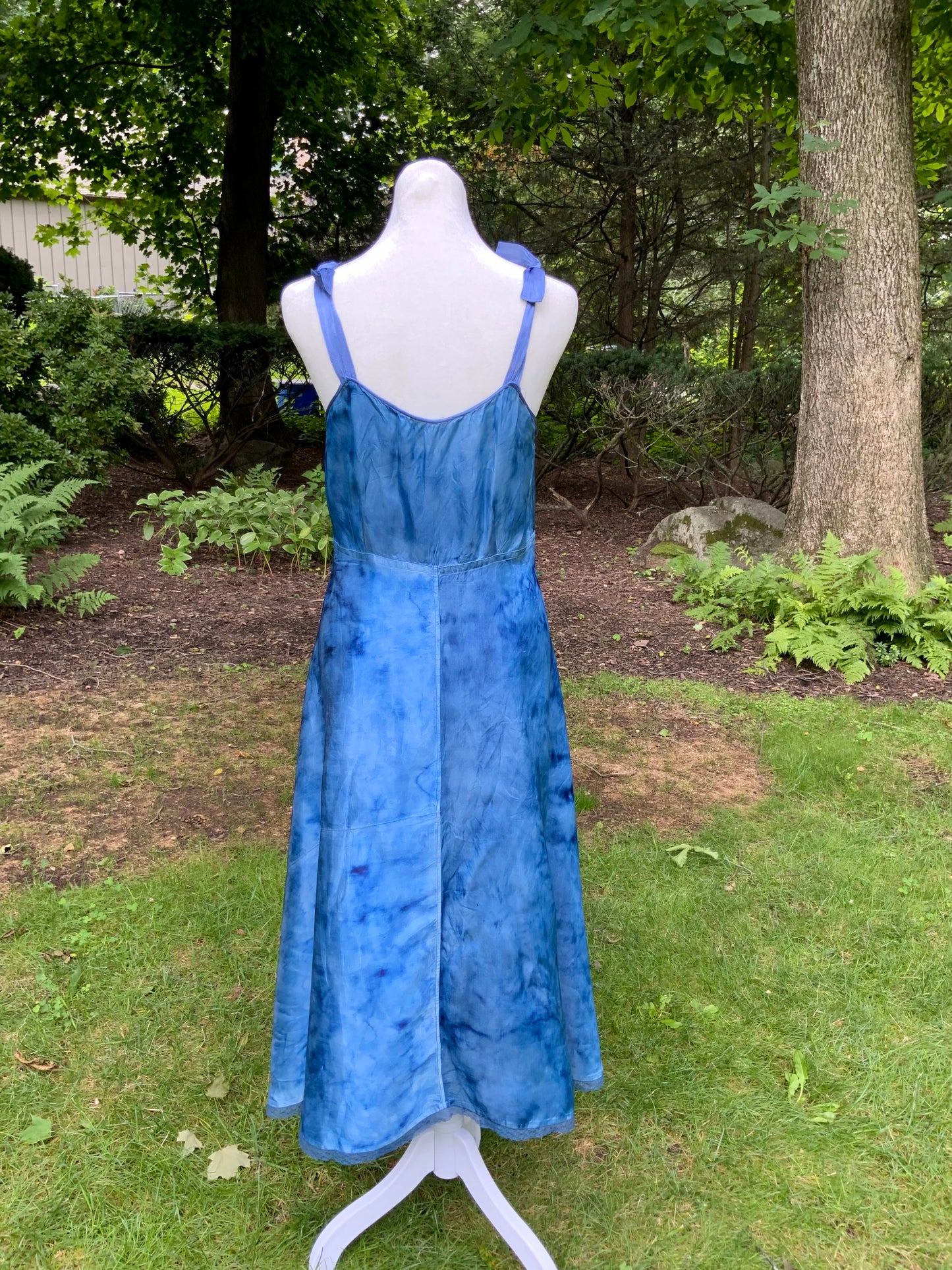 1930s Hand Dyed Blue Satin Nightgown with Floral Appliqués.40CG